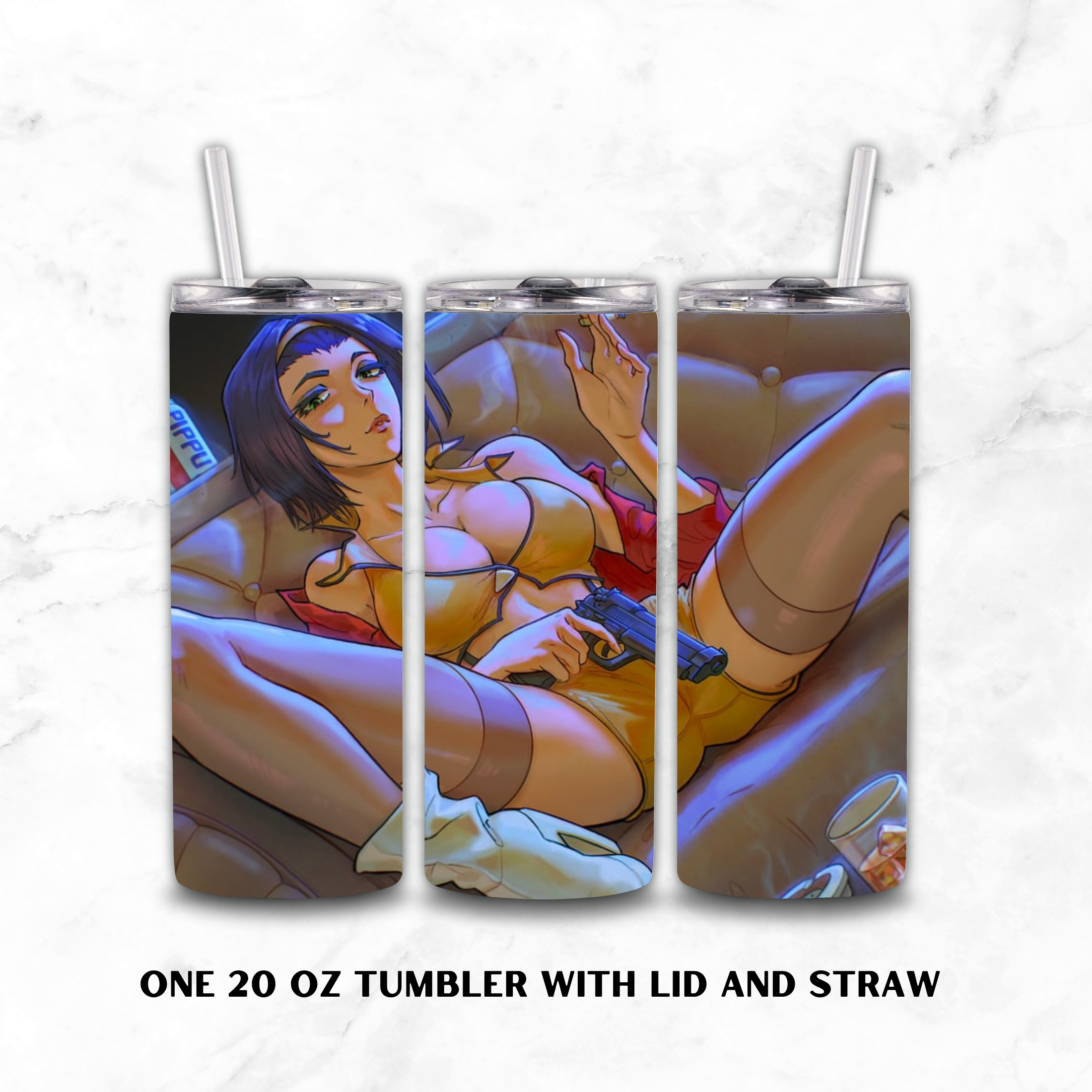 Three views of a 20 oz tumbler with lid and straw, featuring a printed anime-style illustration of Faye Valentine reclining on a couch. The tumbler is shown on a white marble background with text at the bottom reading 'ONE 20 OZ TUMBLER WITH LID AND STRAW'.