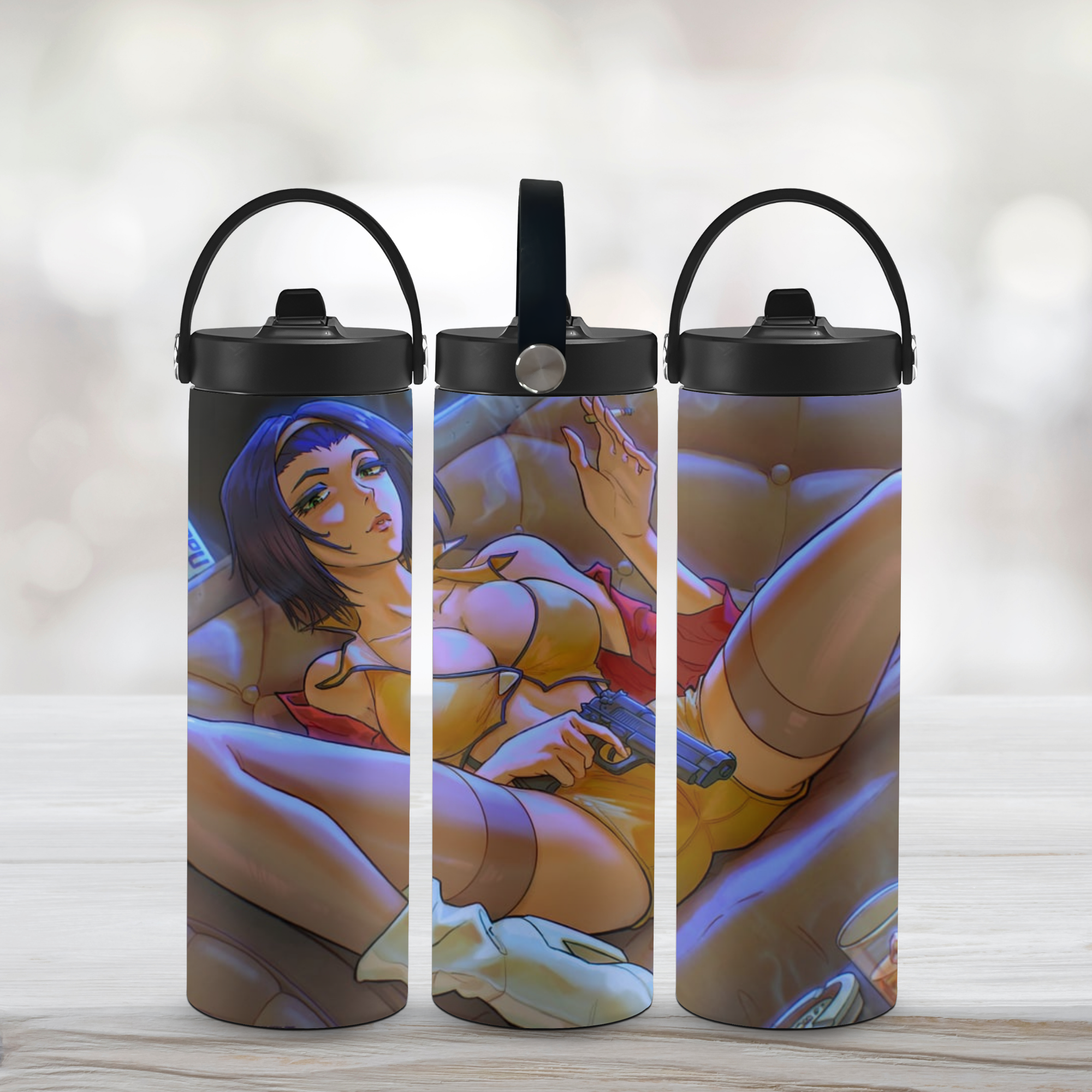 Three sports water bottles with anime Faye Valentine designs on a light background.