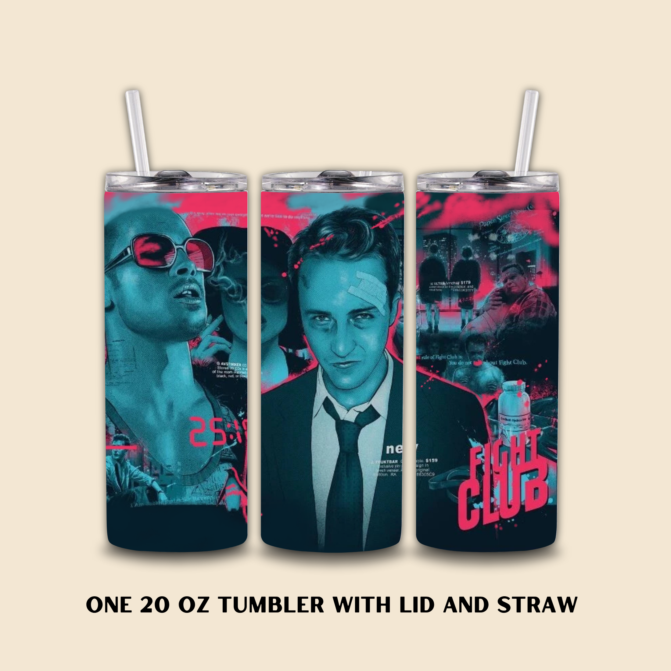 Three 20 oz tumblers with 'Fight Club' movie design on a beige background