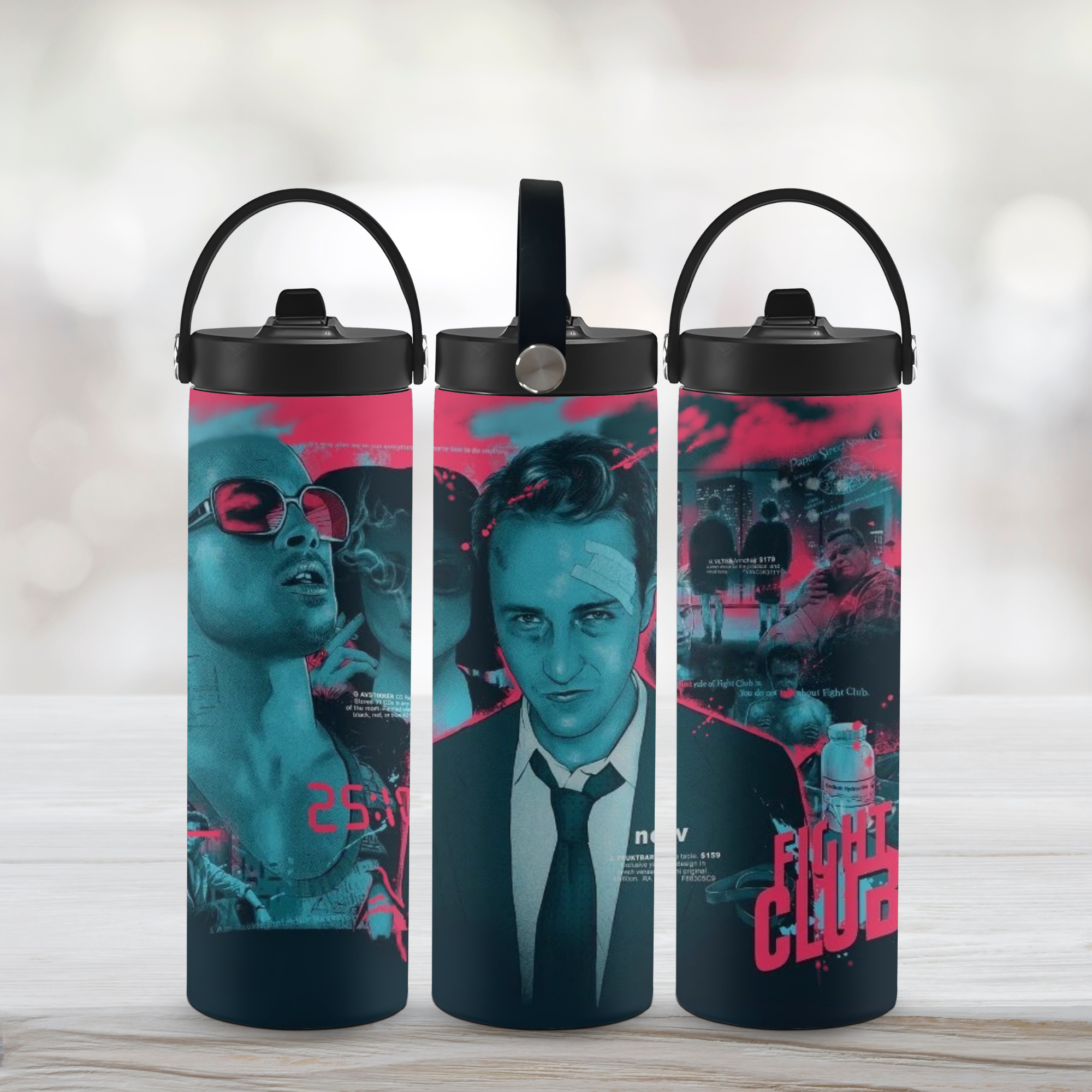 Three water bottles with 'Fight Club' movie poster design on a light background