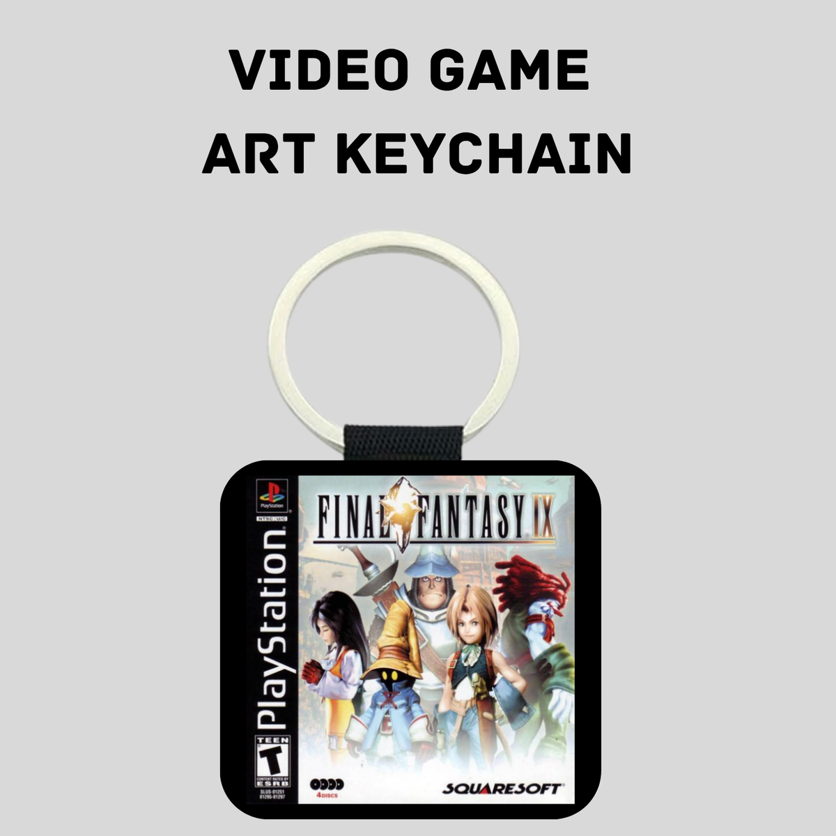 A square video game art keychain featuring Final Fantasy IX artwork, with a white key ring and black strap, shown on a light gray background with the text 'VIDEO GAME ART KEYCHAIN' above it.