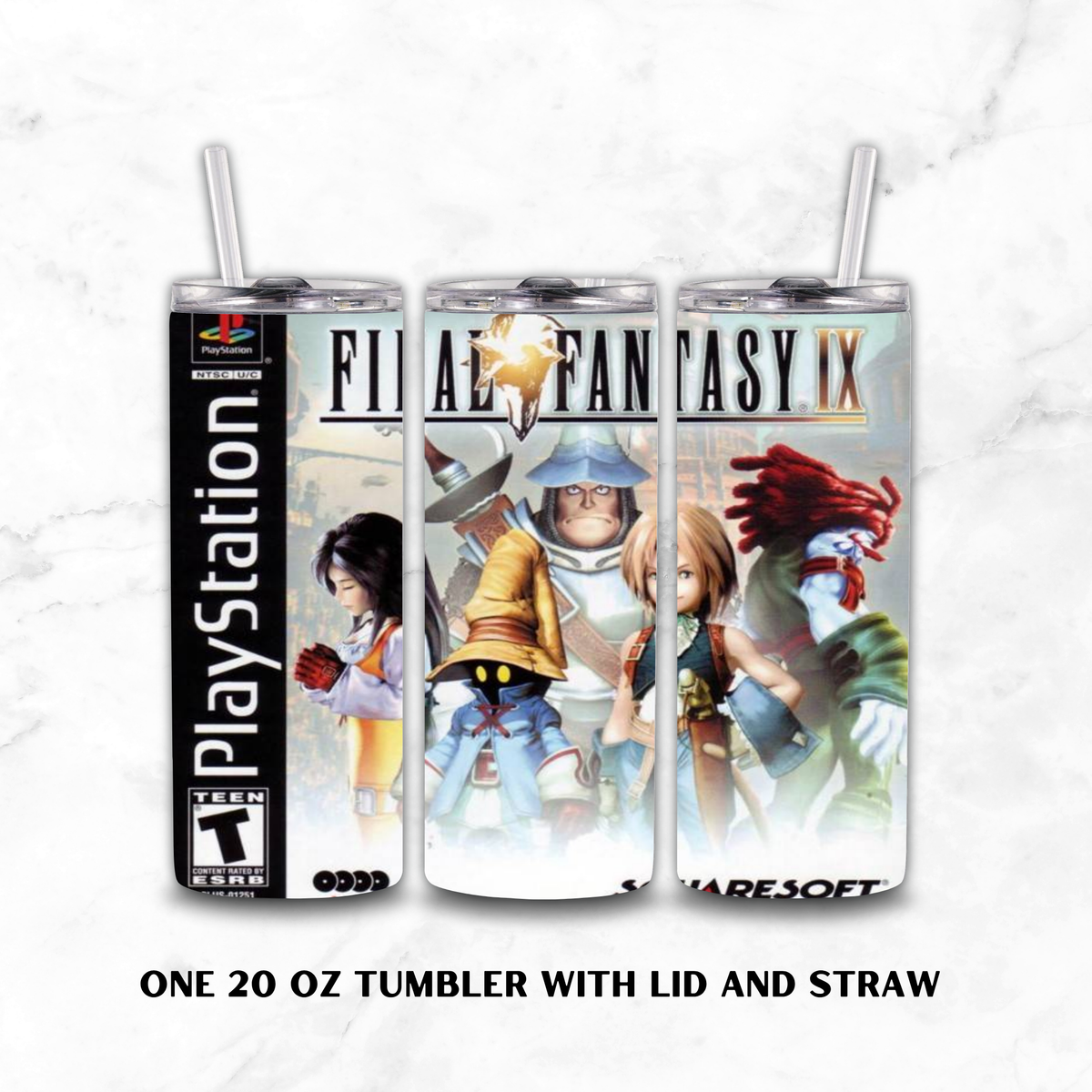 Three clear 20 oz tumblers with lids and straws, printed with Final Fantasy IX character artwork and PlayStation branding, shown on a white marble background with text reading 'ONE 20 OZ TUMBLER WITH LID AND STRAW'.