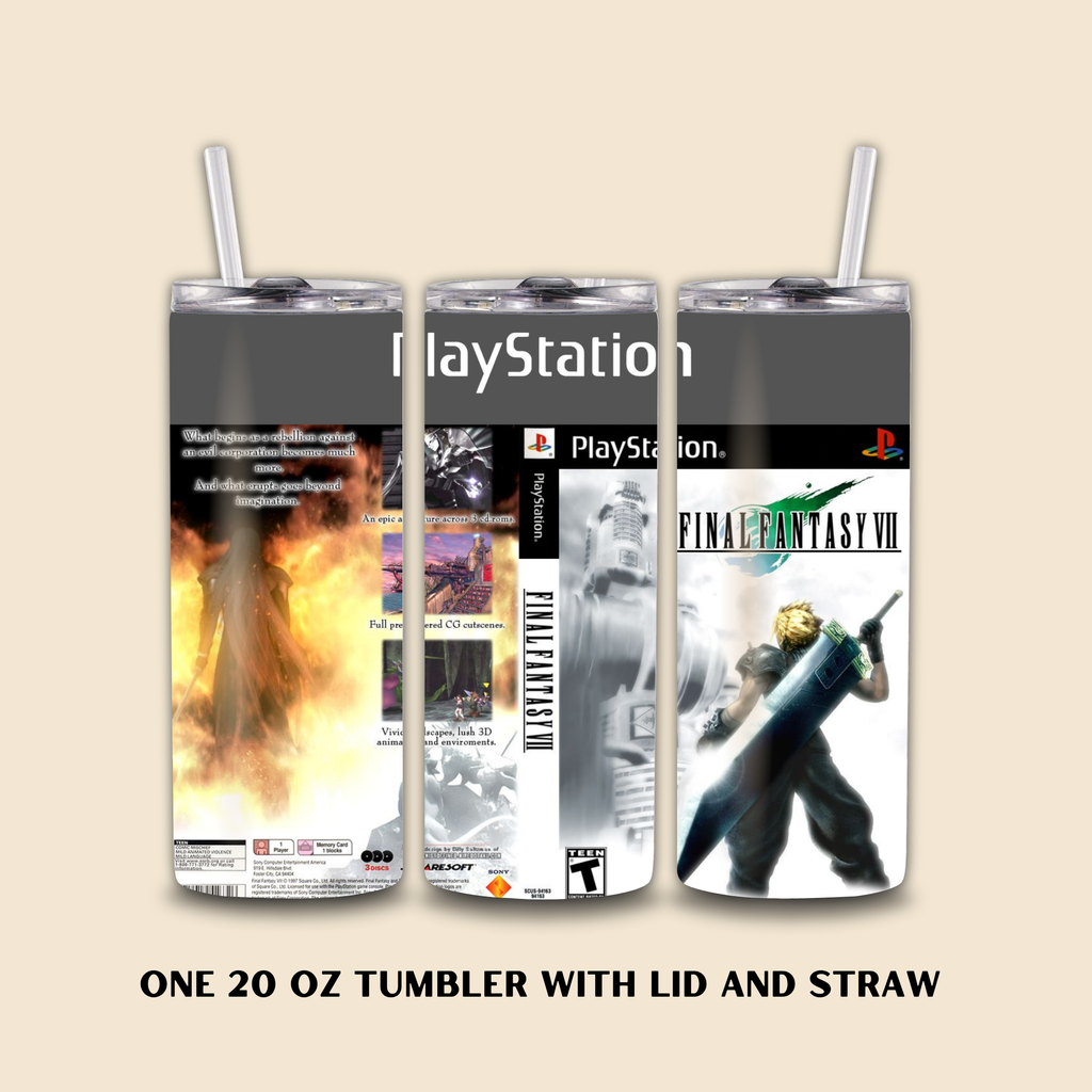 Final Fantasy VII-themed tumbler with lid and straw on a beige background