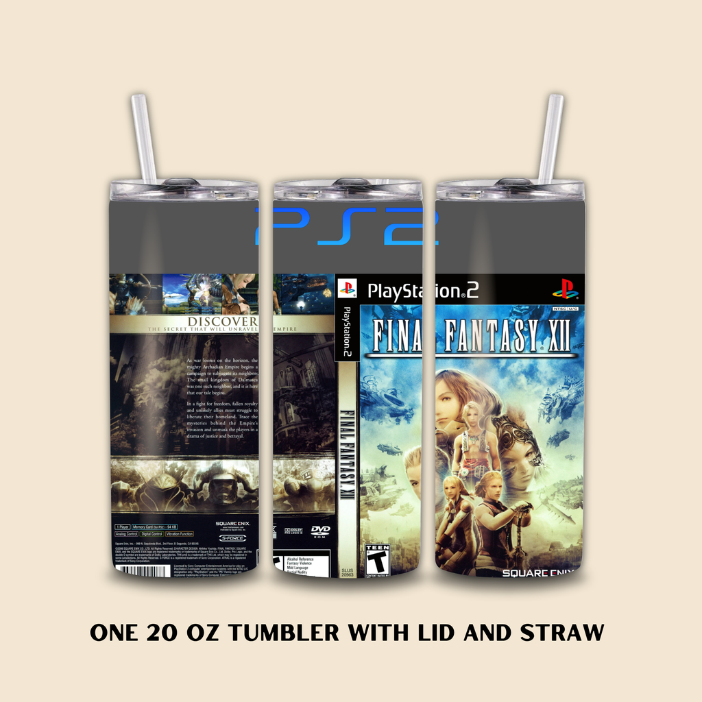 Three 20 oz tumblers with 'Final Fantasy XII' design on a beige background