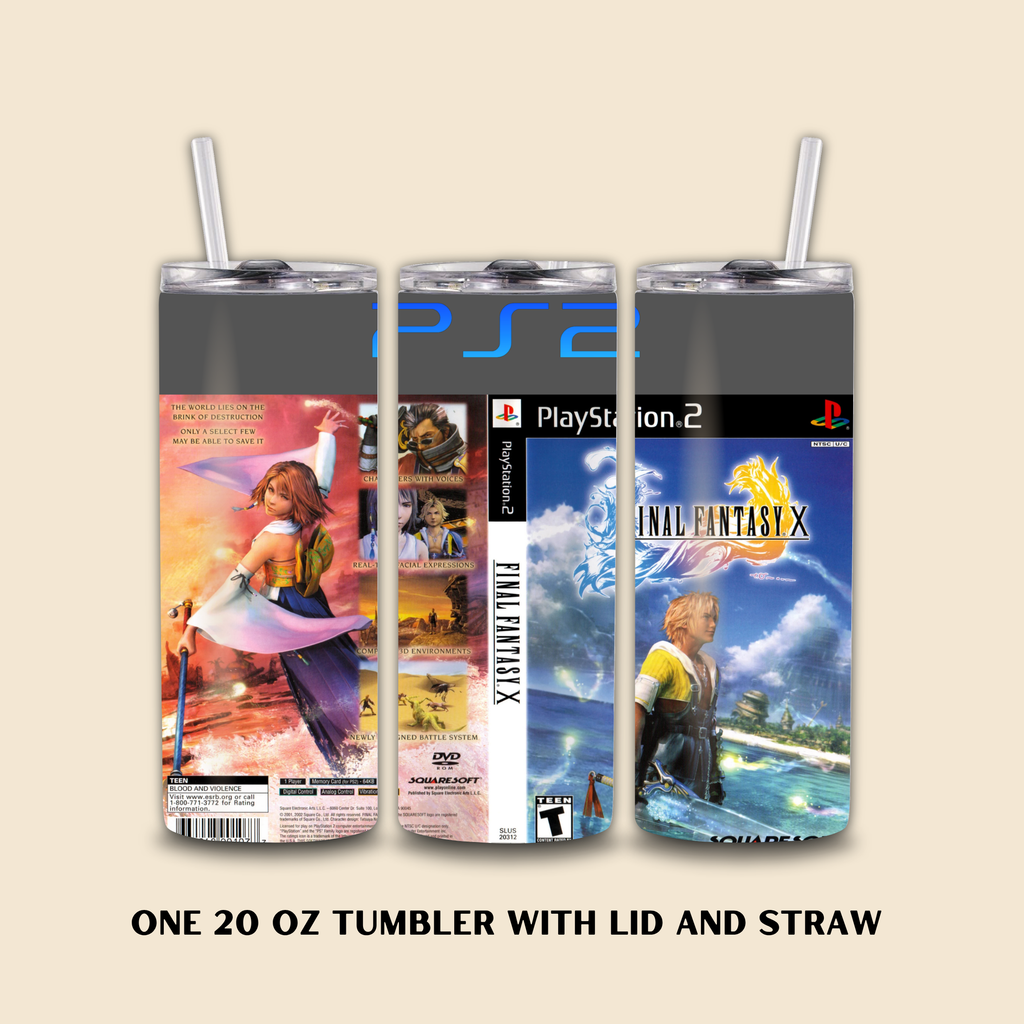 Three tumbler designs inspired by Final Fantasy X on a beige background