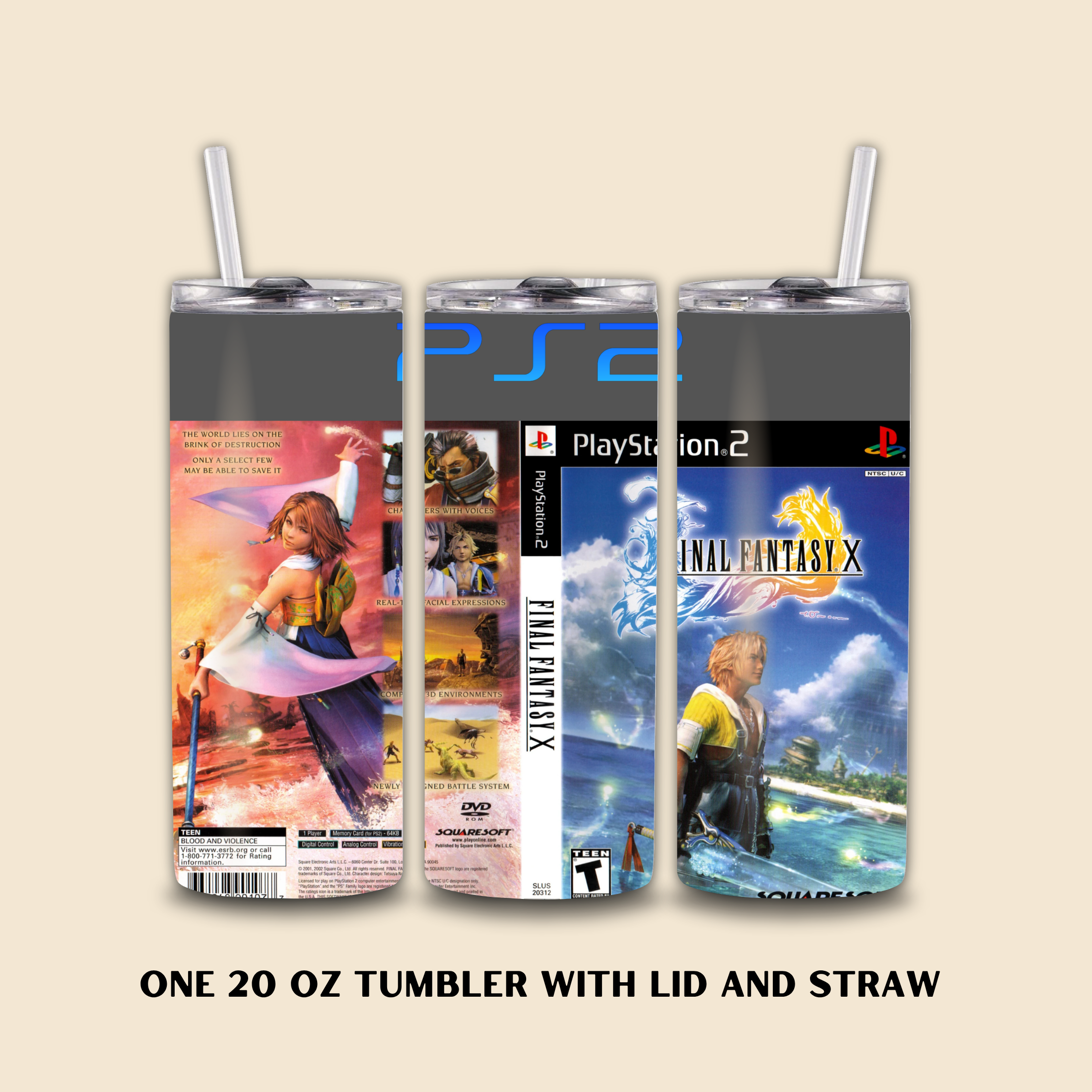 Three tumbler designs inspired by Final Fantasy X on a beige background