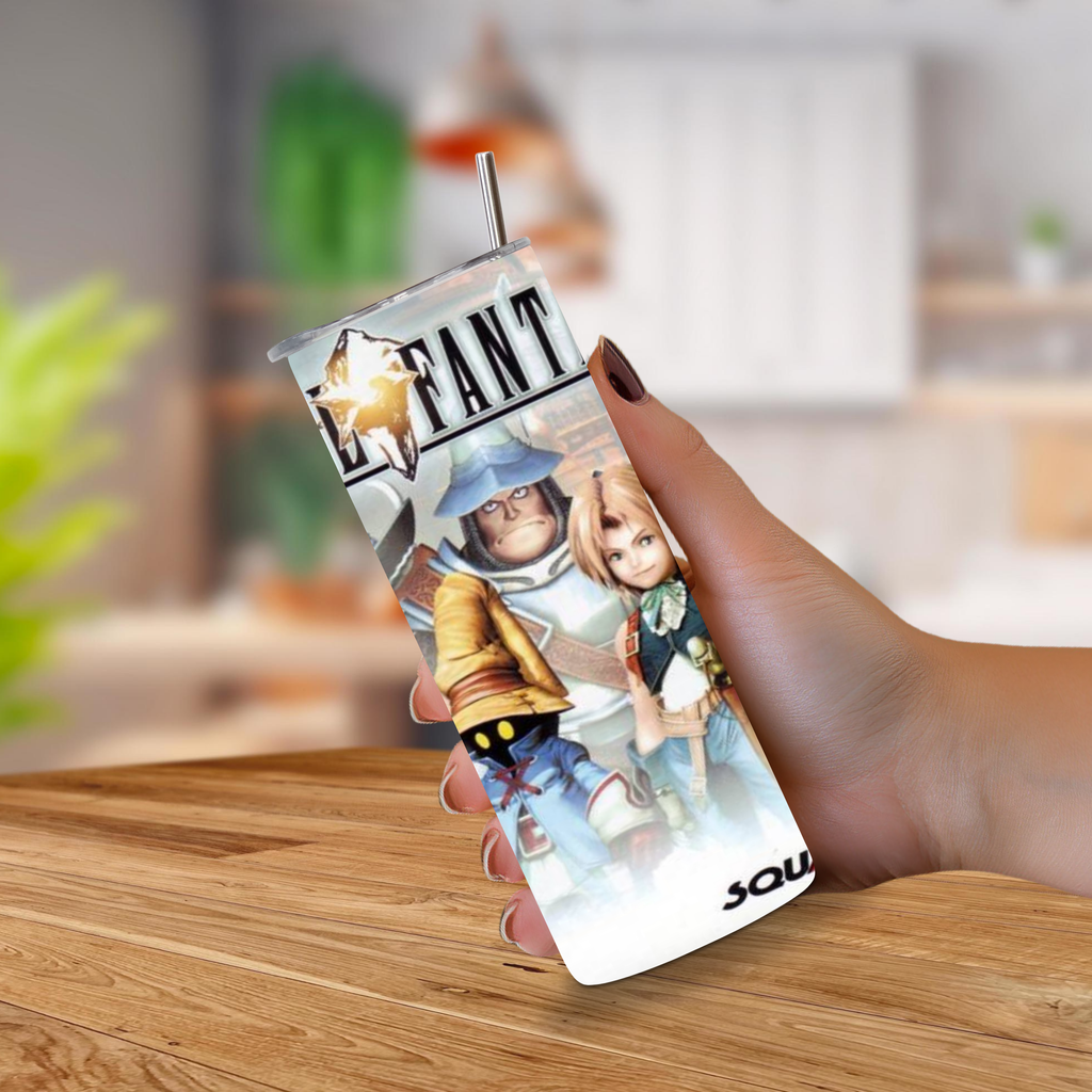 A hand holding a 20oz stainless steel tumbler with a metal straw, featuring a printed 'Final Fantasy IX' video game character design, set against a blurred indoor background.