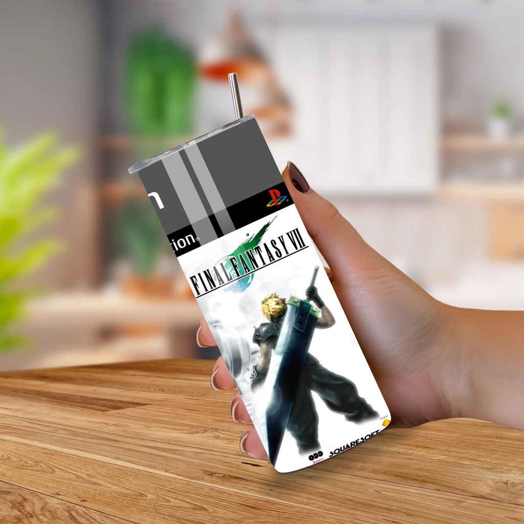 20oz Tumbler with Final Fantasy VII design held by a hand on a wooden surface.