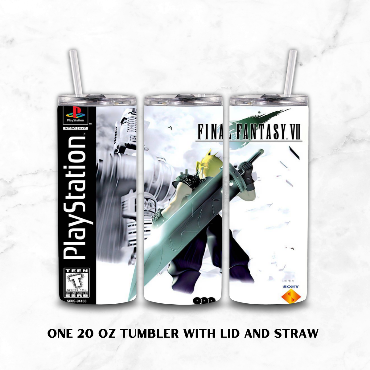 Three views of a 20 oz stainless steel tumbler with lid and straw, featuring Final Fantasy VII and PlayStation graphics, displayed on a white marble background.