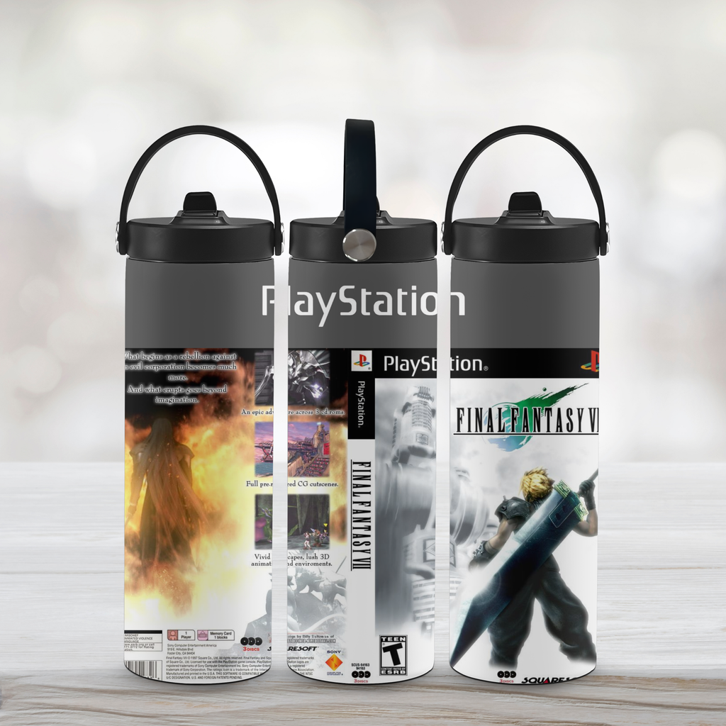 Three sports water bottles with PlayStation and Final Fantasy designs on a light background