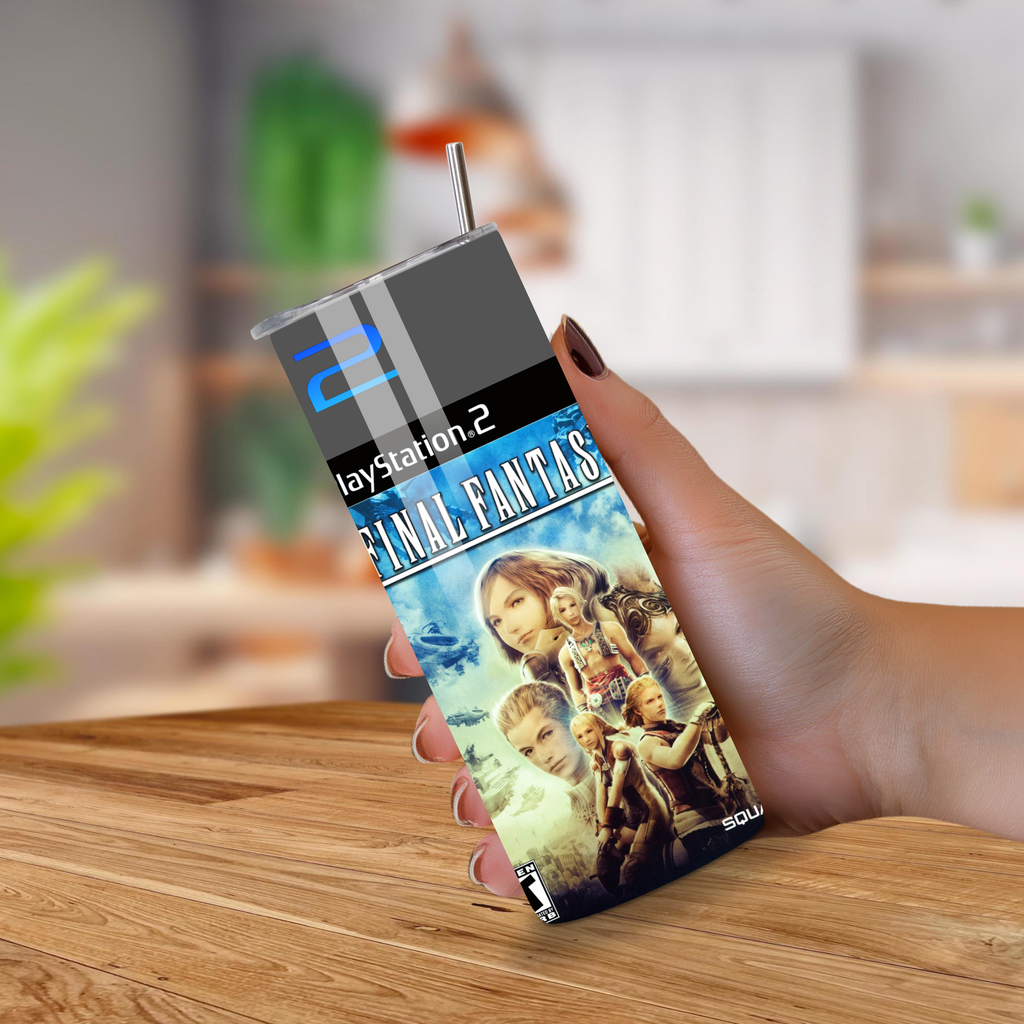 PlayStation 2 Final Fantasy tumbler held by a hand on a wooden surface