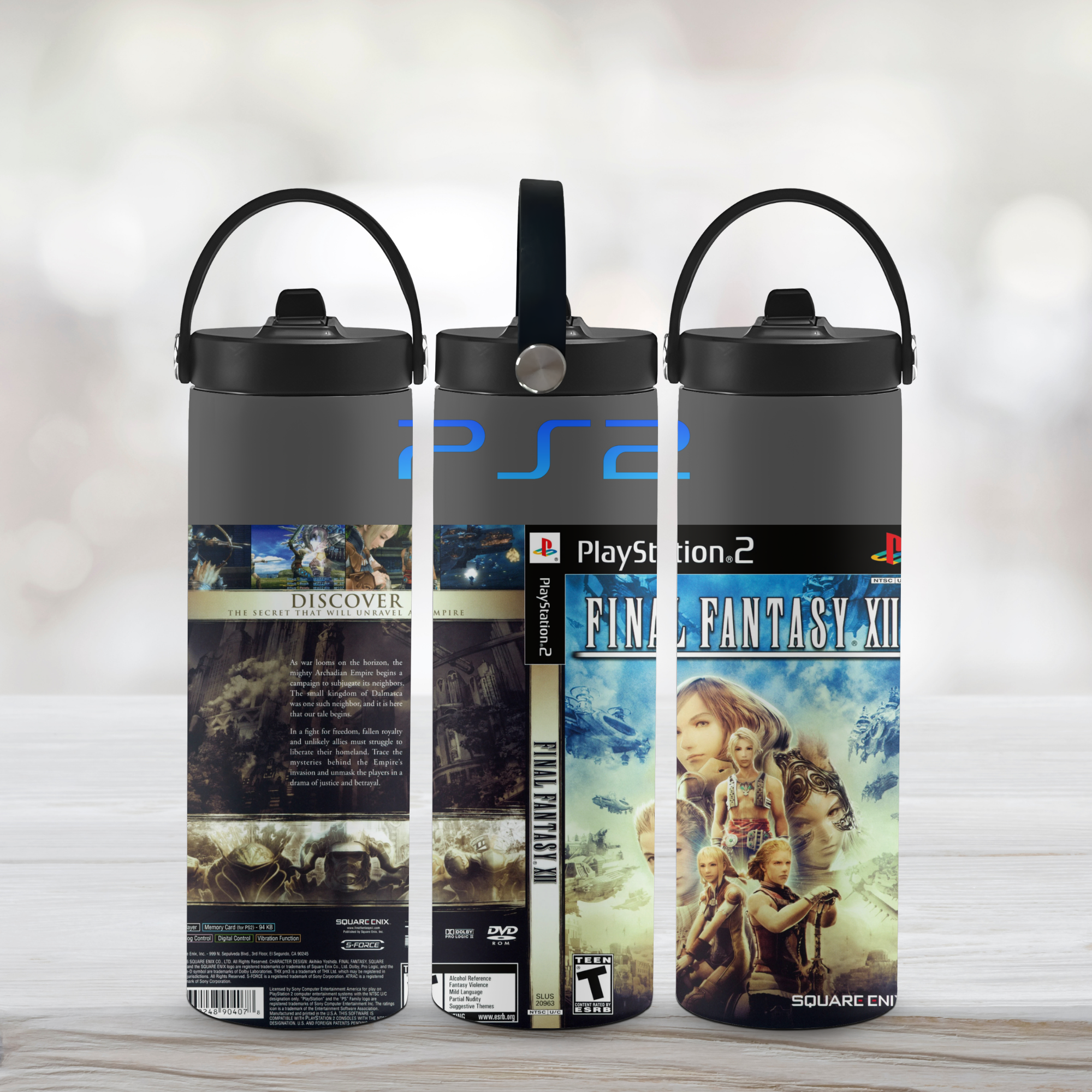Three water bottles with 'Final Fantasy XIII' and 'PlayStation 2' designs on a light background