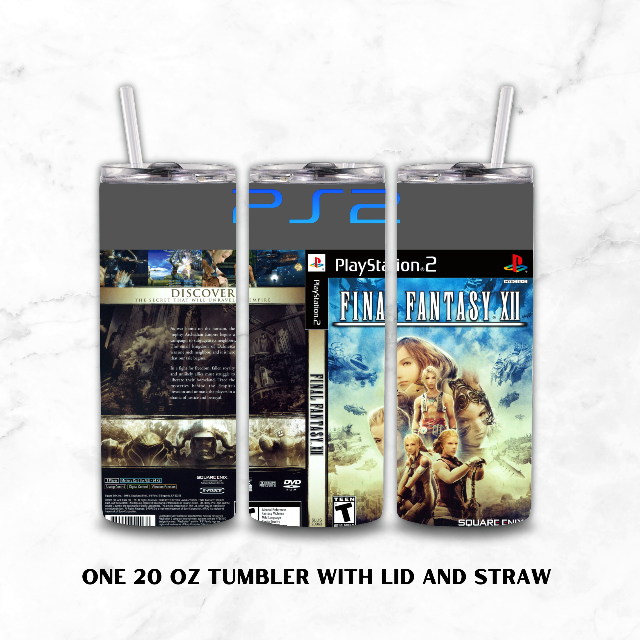 Three views of a 20 oz tumbler with lid and straw, featuring a PlayStation 2 themed wrap design for Final Fantasy XII, shown on a white marble background with text reading 'ONE 20 OZ TUMBLER WITH LID AND STRAW'.