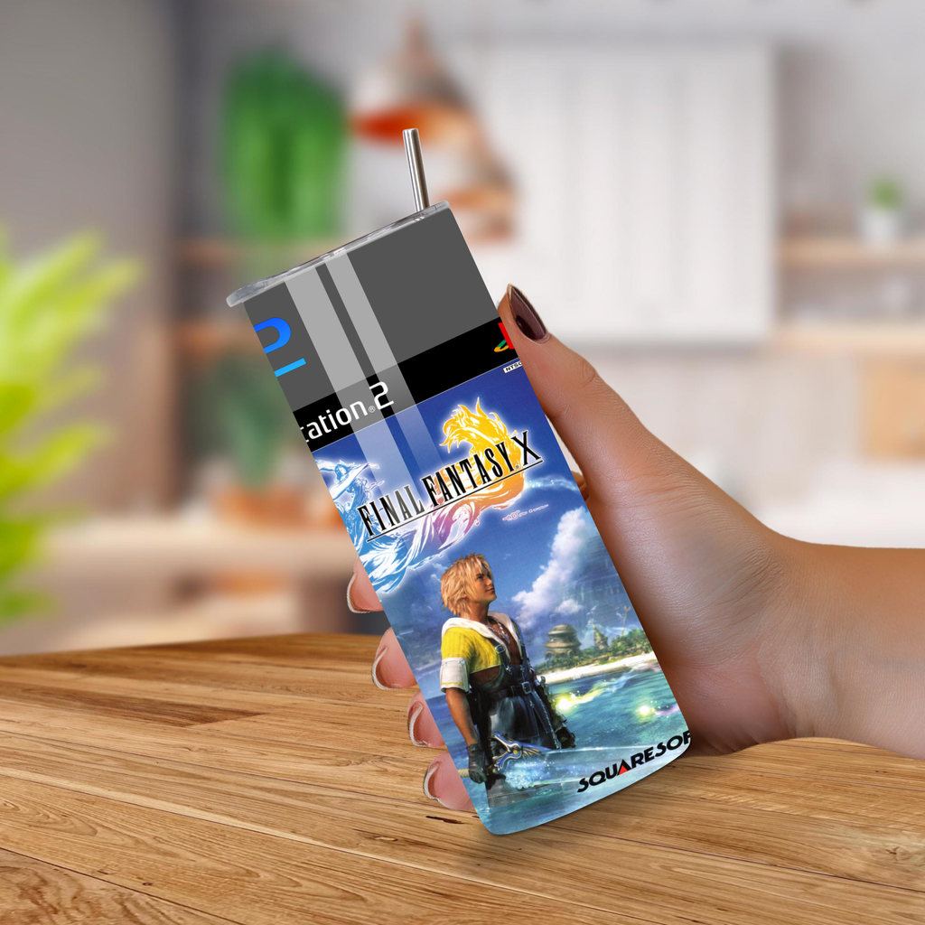 20oz Tumbler with 'Final Fantasy X' design held by a hand on a wooden surface.