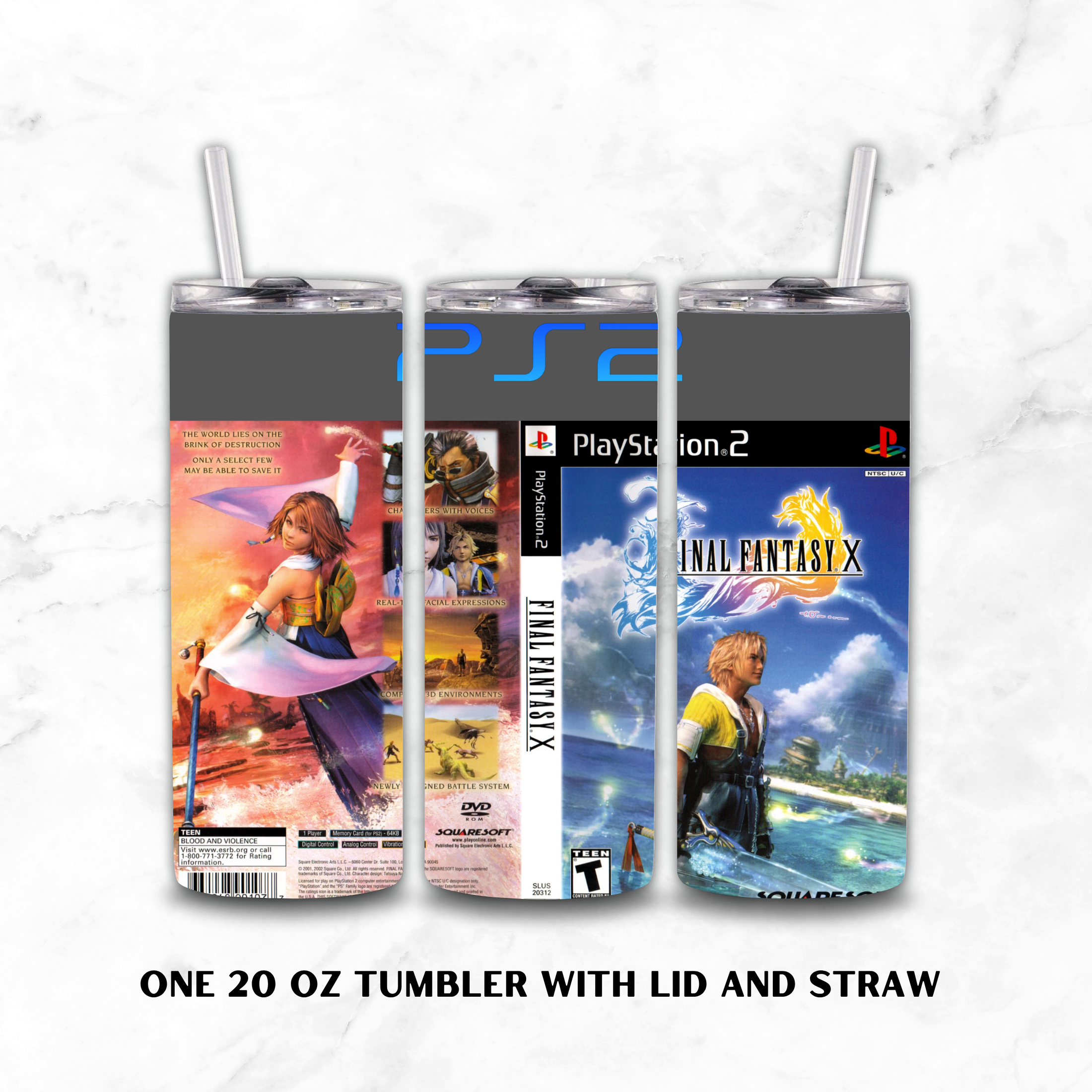 Three 20 oz tumblers with lids and clear straws shown on a white marble background. The tumblers feature Final Fantasy X artwork and PlayStation 2 branding, including the PS2 logo and Final Fantasy X cover art.
