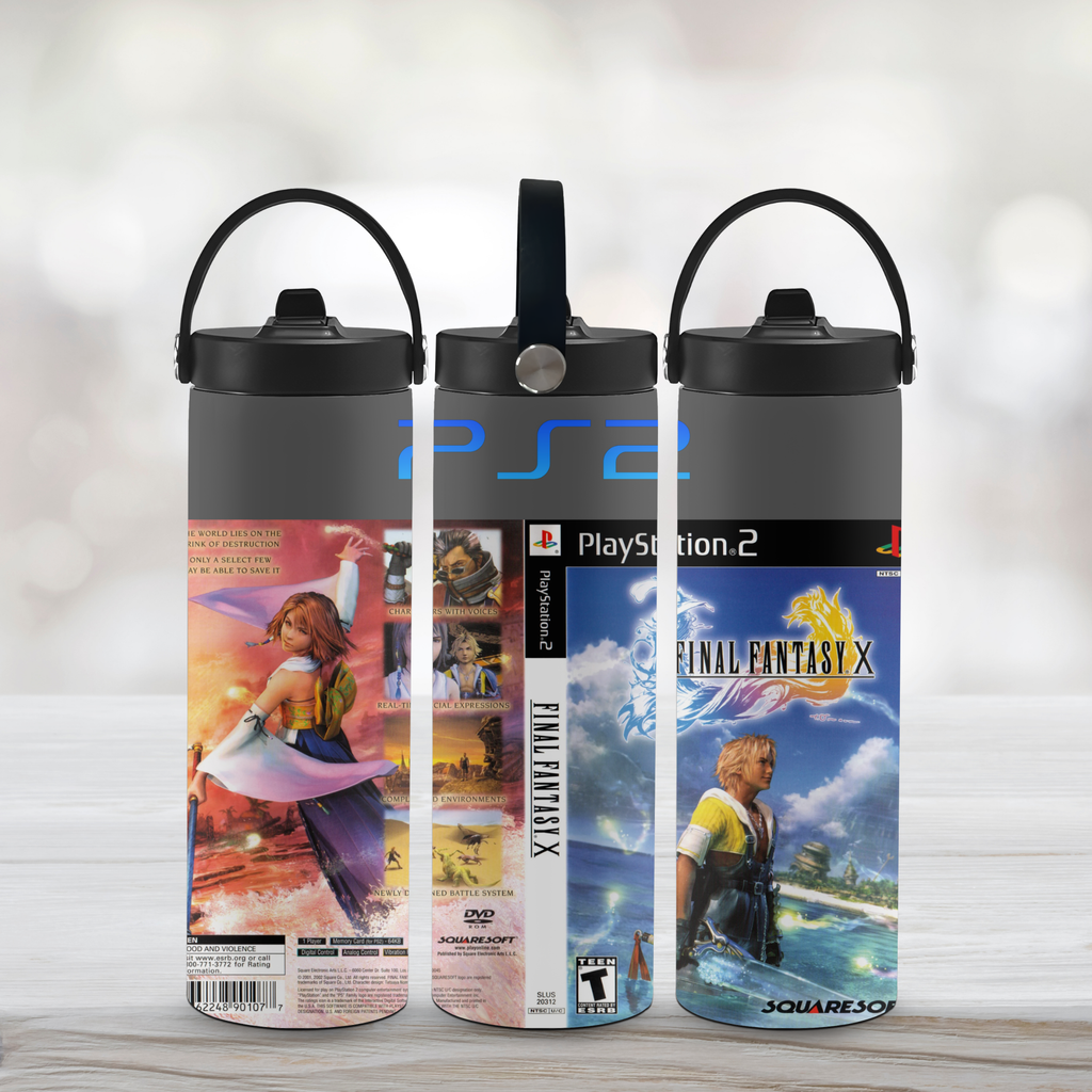 Three water bottles with PlayStation 2 and Final Fantasy X designs on a light background