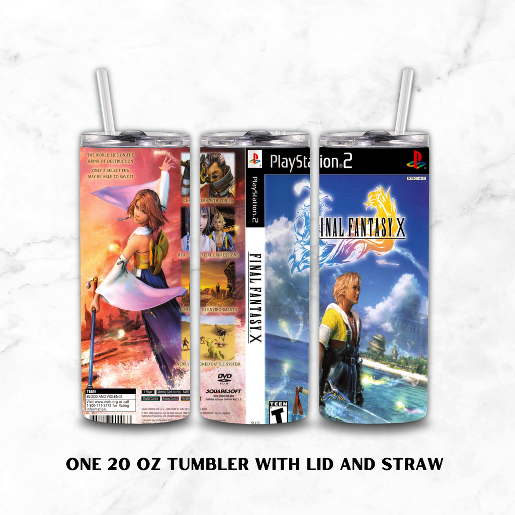 Three views of a 20 oz skinny tumbler with lid and straw, featuring Final Fantasy X artwork and PlayStation 2 branding, displayed on a white marble background.