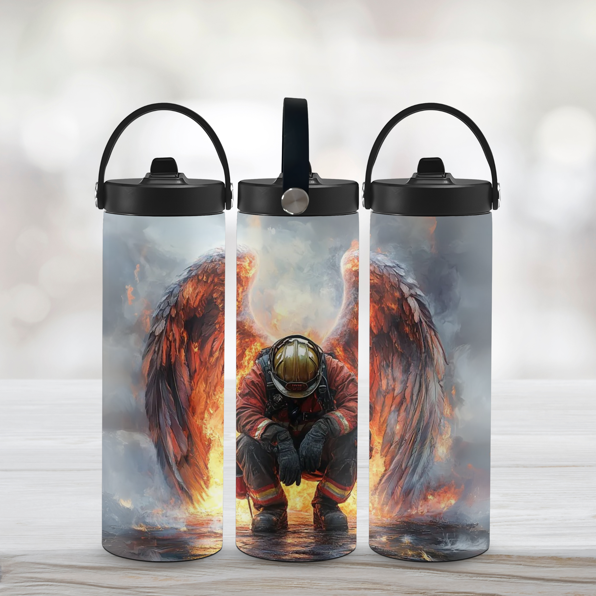 Three water bottles with a design of a firefighter with wings against a cloudy sky.