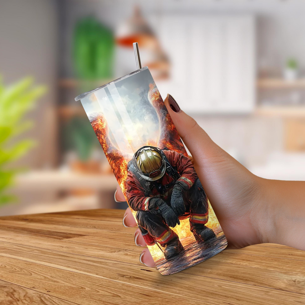 Person holding a tumbler with a firefighter design on a wooden table.