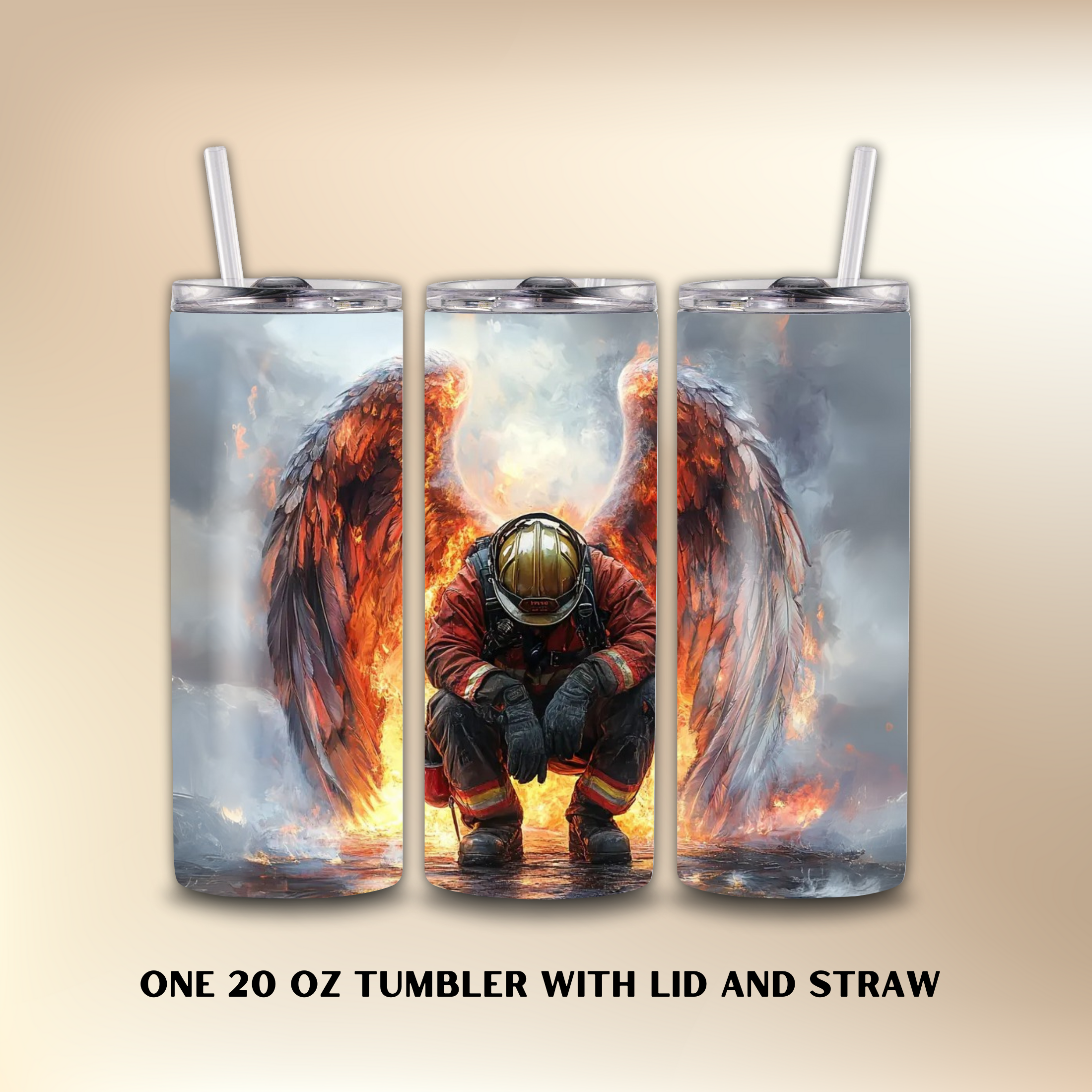 3D tumbler with firefighter design and text on a beige background