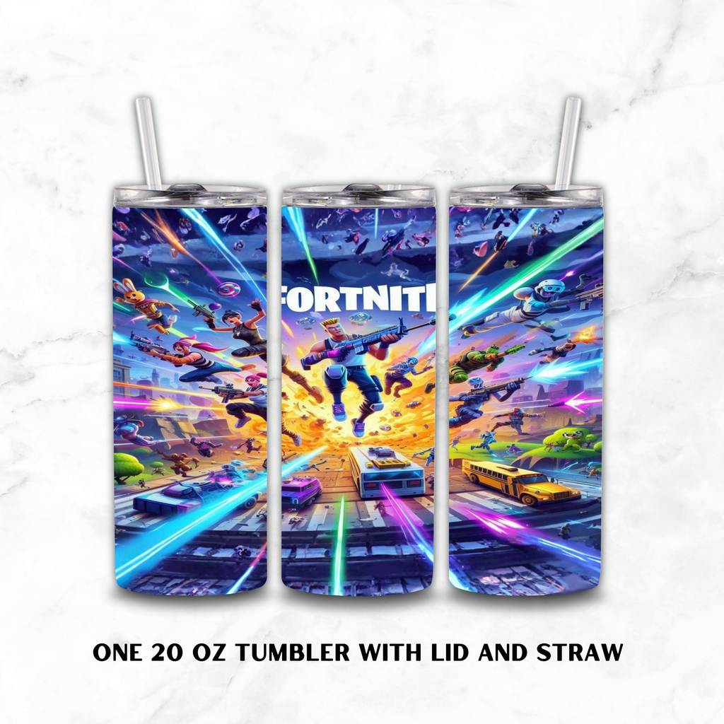 Three views of a 20 oz tumbler with lid and straw, featuring a vibrant Fortnite battle scene print on a white marble background.