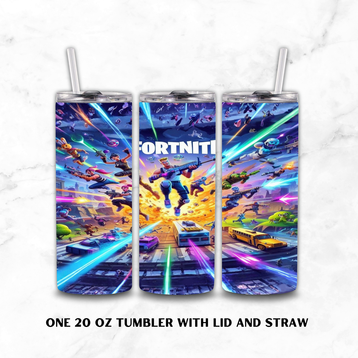 Three views of a 20 oz tumbler with lid and straw, featuring a vibrant Fortnite battle scene print on a white marble background.