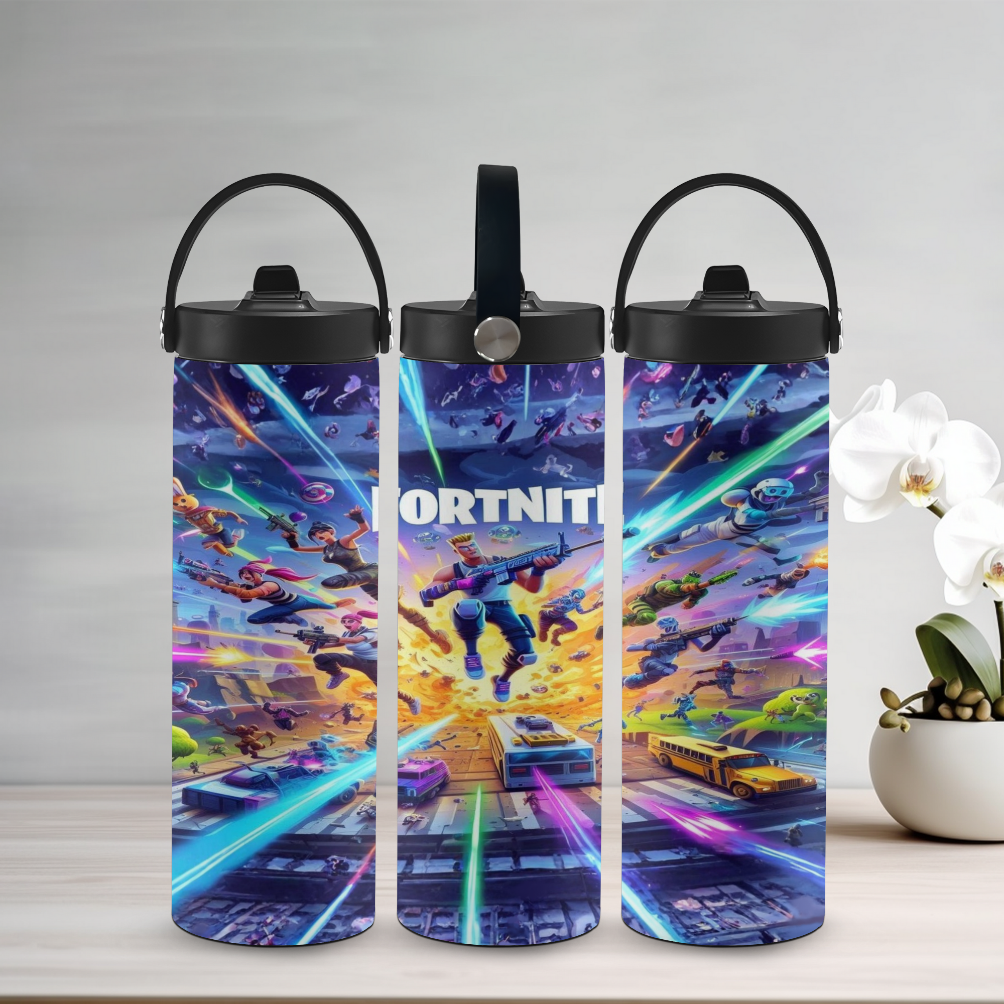 Three Fortnite-themed water bottles on a light gray background with a plant on the right.