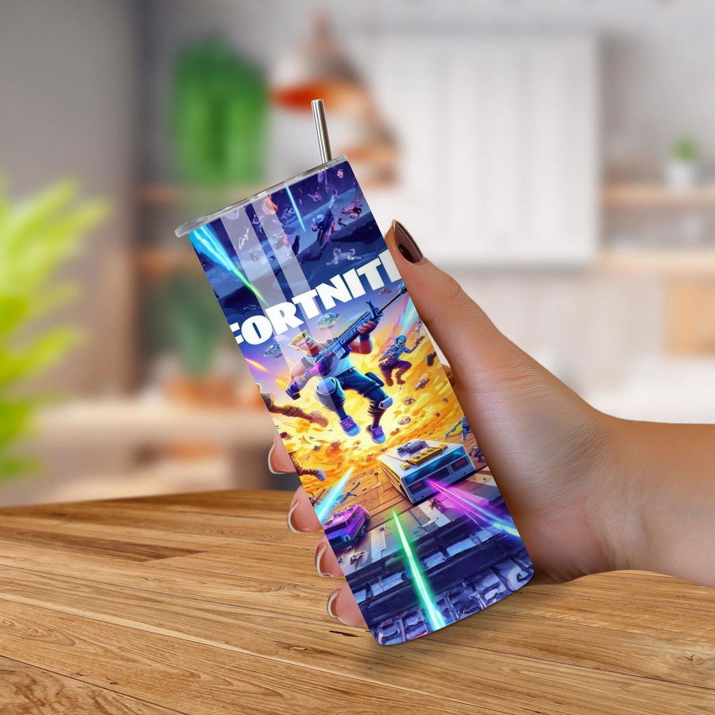 Hand holding a Fortnite-themed tumbler with a blurred indoor background
