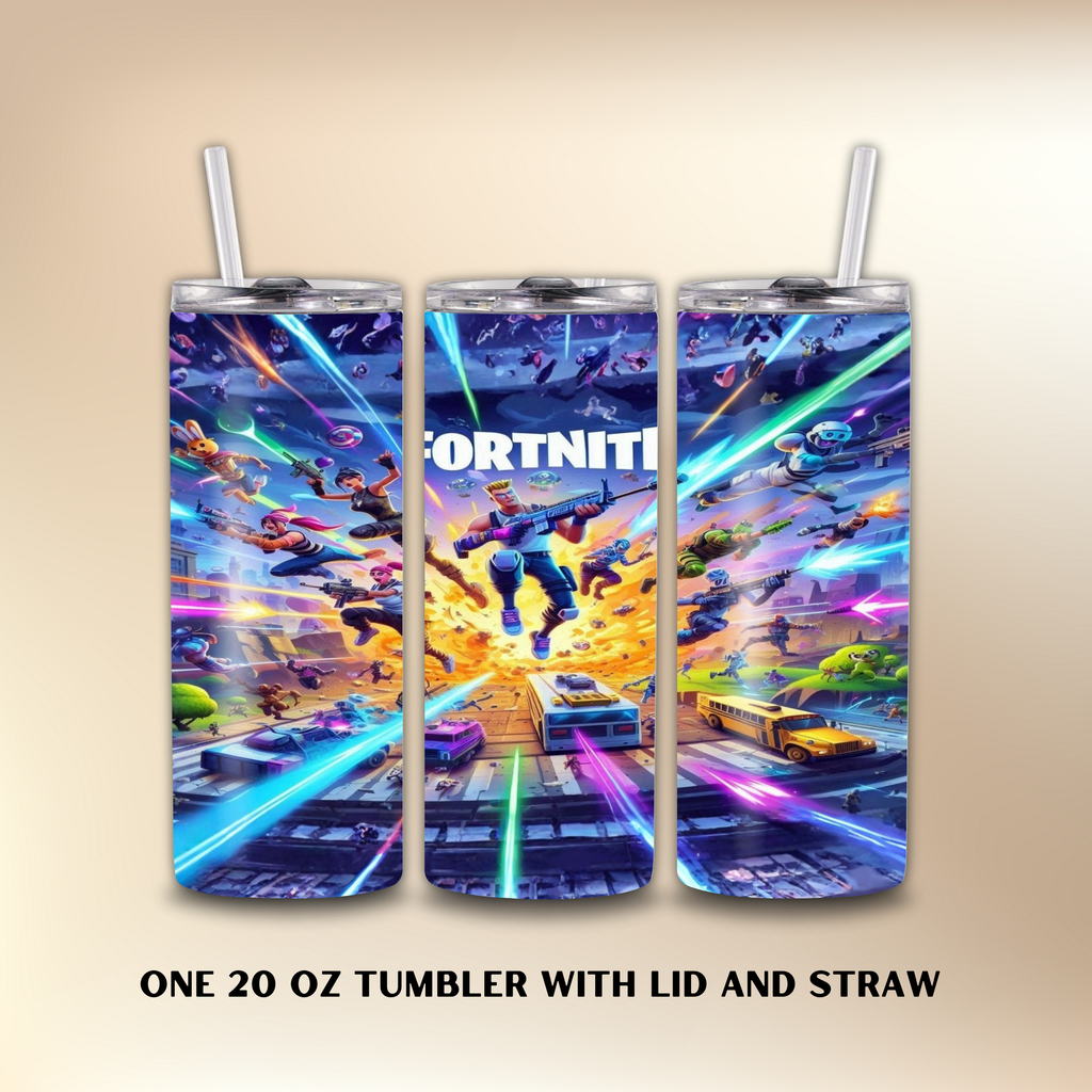 Three Fortnite-themed tumblers with lids and straws on a beige background.