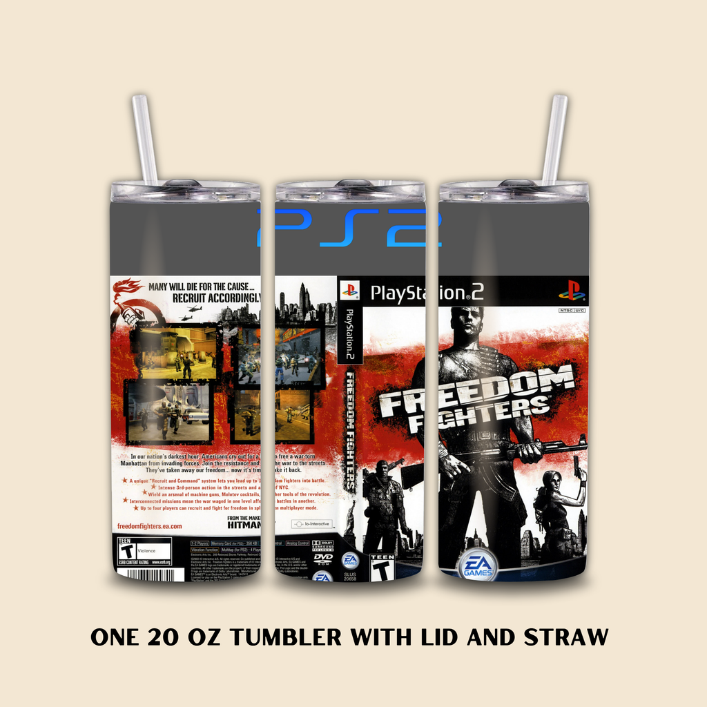 PlayStation 2 'Freedom Fighters' themed tumbler with lid and straw on a beige background