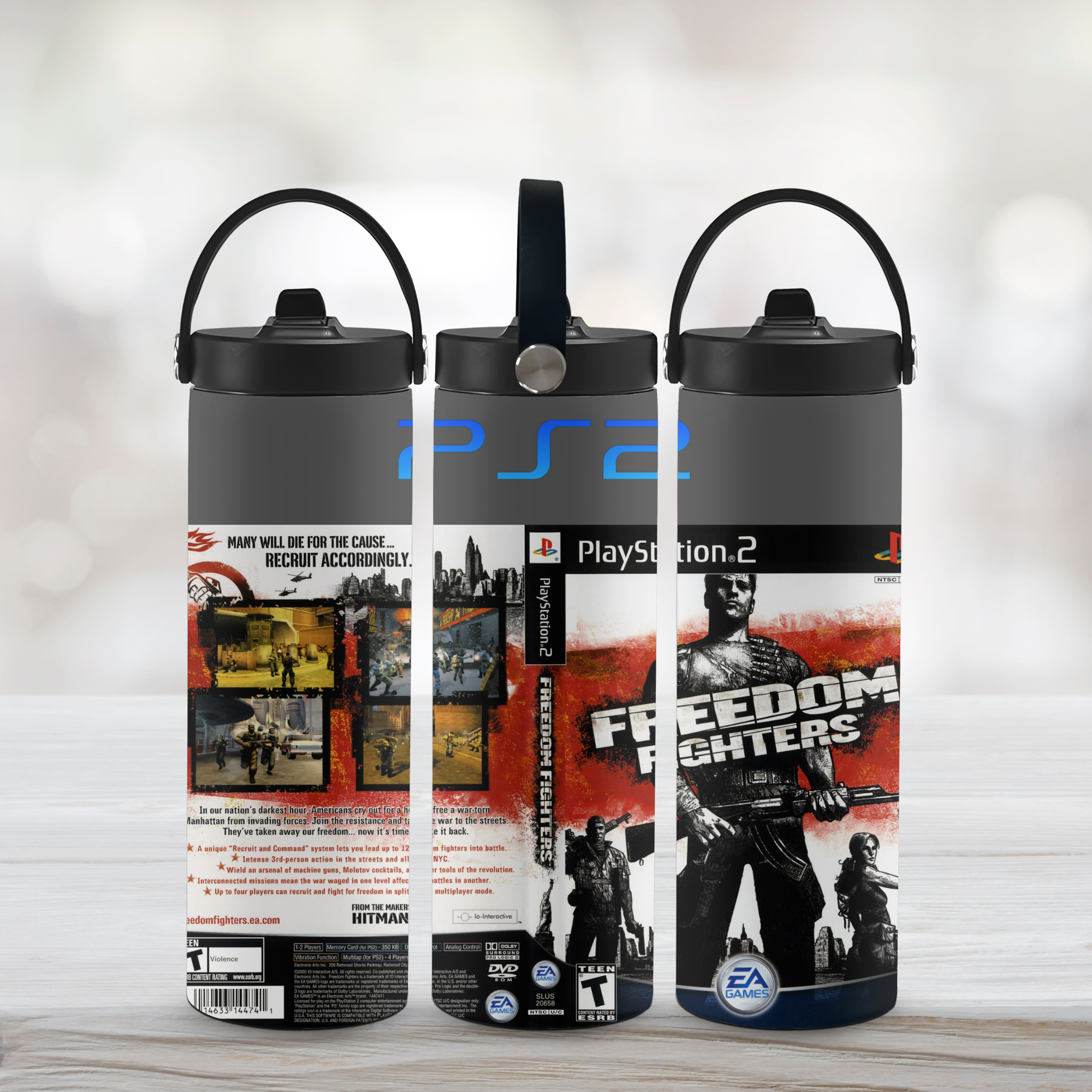 Three water bottles with PlayStation 2 Freedom Fighters design on a light wooden surface.