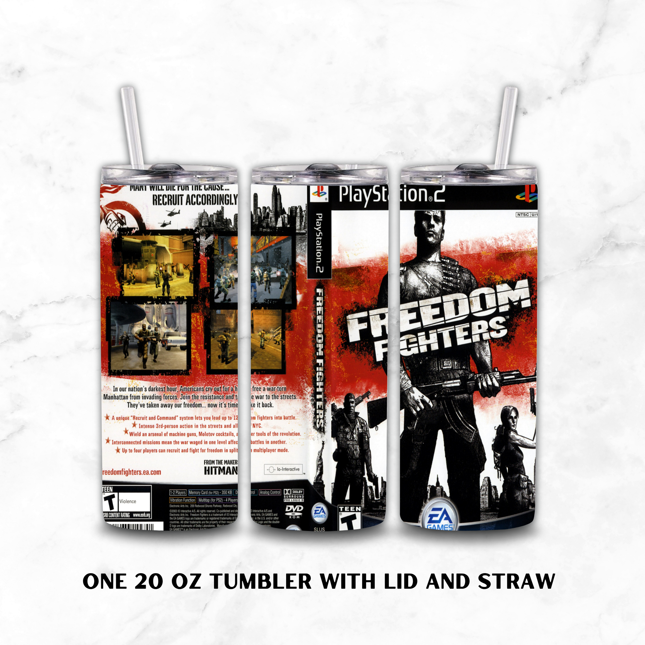 Three views of a 20 oz tumbler with lid and straw, printed with a PlayStation 2 Freedom Fighters video game cover design, on a white marble background.