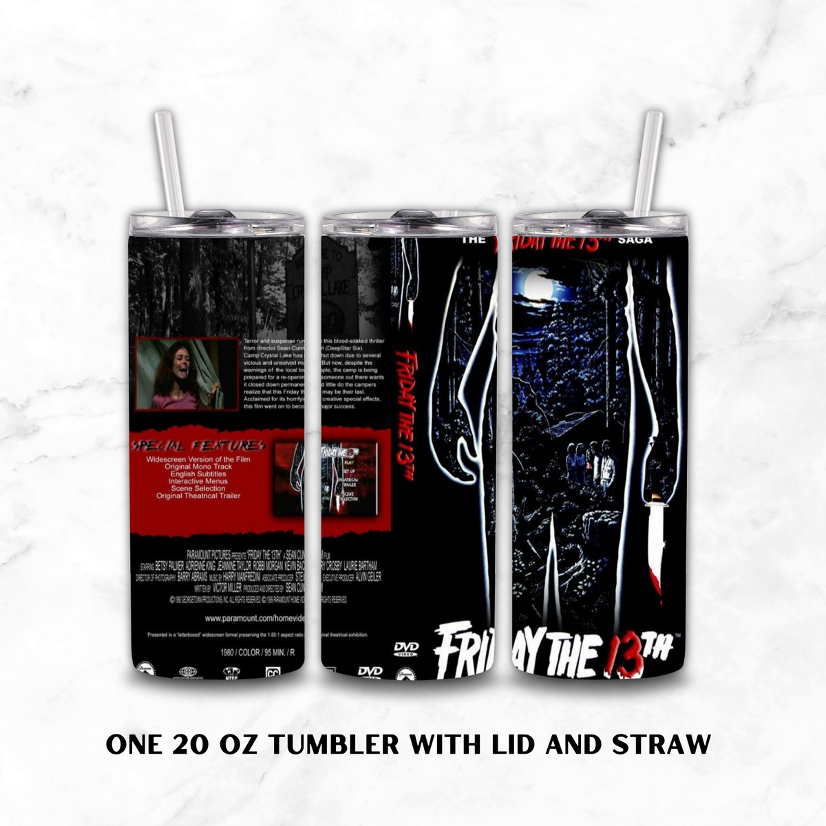 Three views of a 20 oz tumbler with lid and straw, featuring a black and red 'Friday the 13th' movie design on a white marble background.
