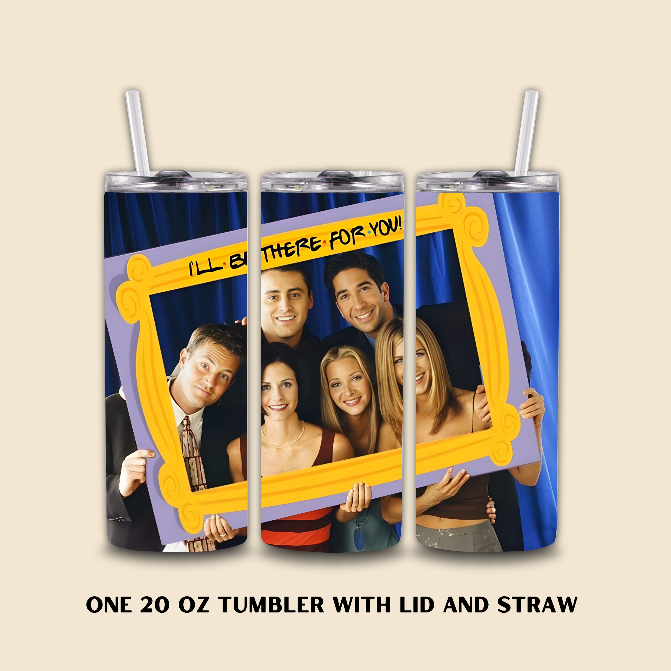 Tumbler with 'Friends' design featuring characters and text on a beige background