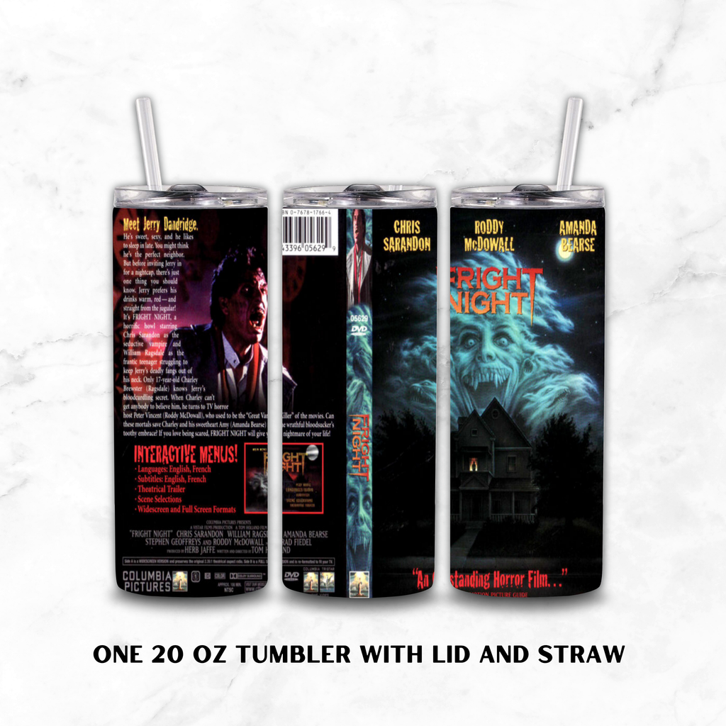 Three views of a 20 oz tumbler with lid and straw, printed with a horror movie Fright Night cover design. The artwork features a ghostly face, haunted house, and cast names. 