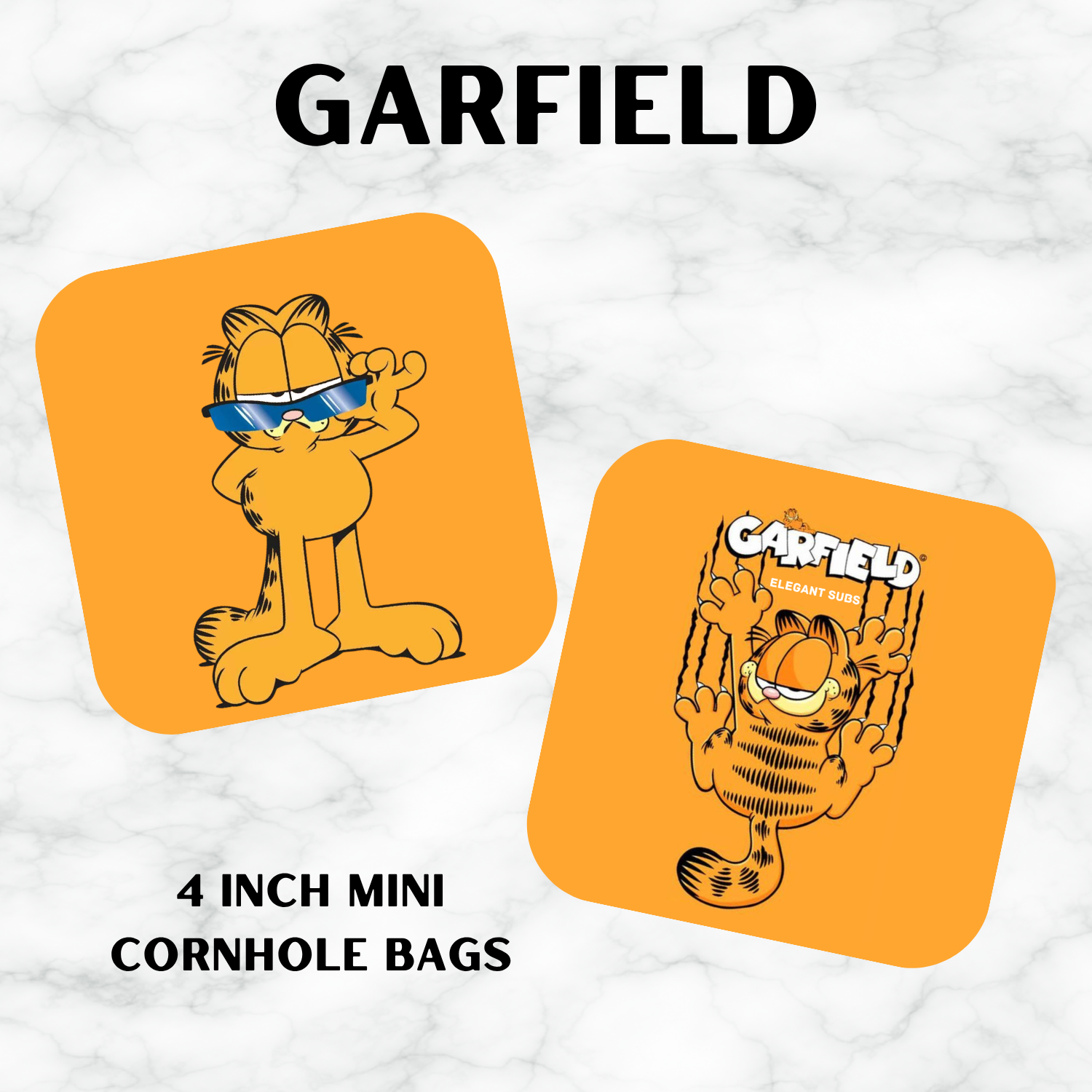 Two Garfield-themed mini cornhole bags on a white background with 'Garfield' branding.