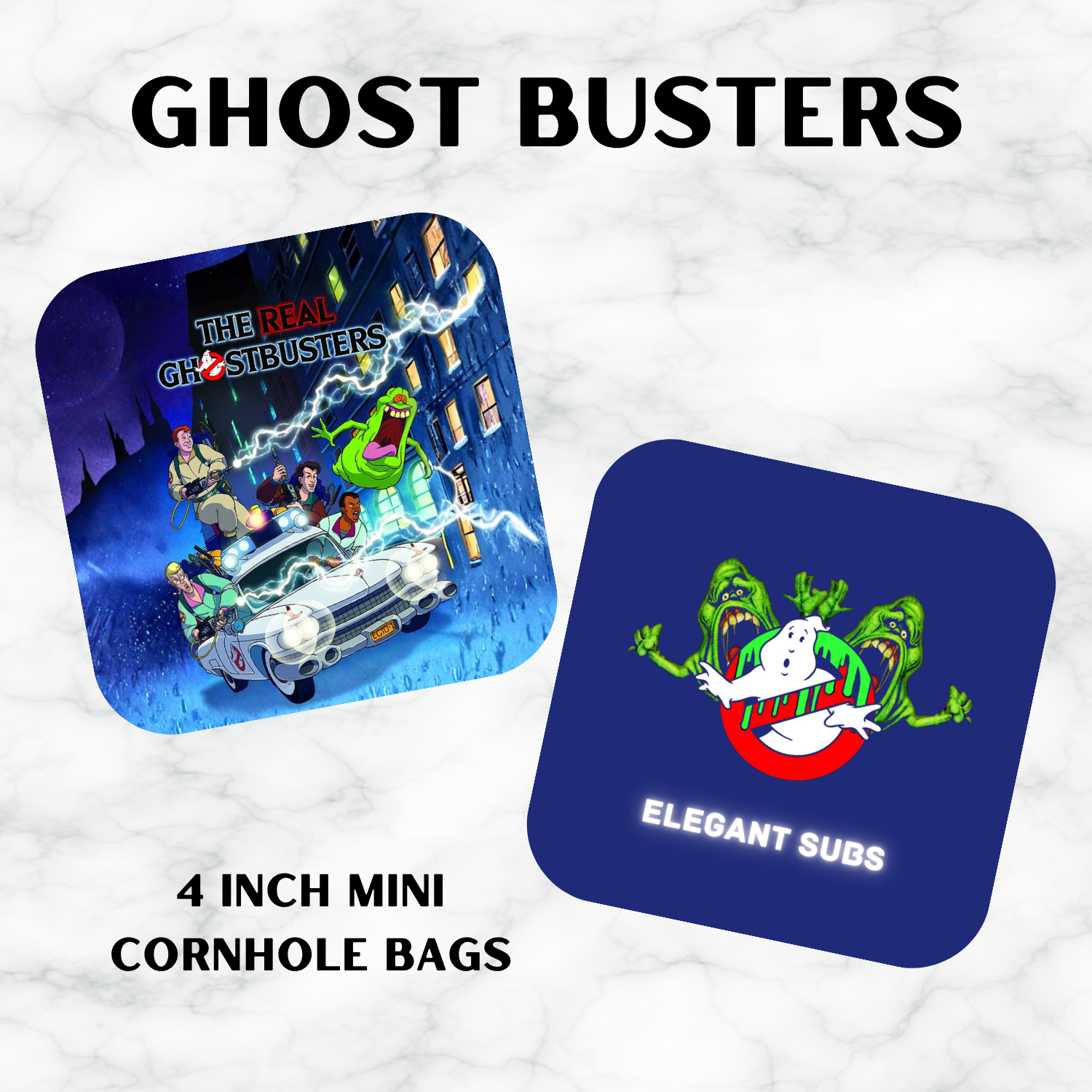 Two Ghostbusters-themed mini cornhole bags shown on a white marble background with black text reading 'GHOST BUSTERS' and '4 INCH MINI CORNHOLE BAGS.' One bag features a colorful illustrated scene with characters and the Ghostbusters logo, and the other is dark blue with the Ghostbusters logo and 'ELEGANT SUBS' text.