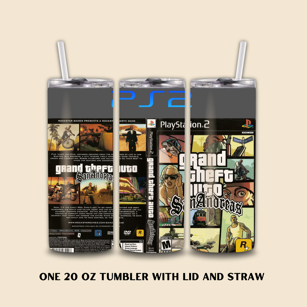 Three 20 oz tumblers with 'Grand Theft Auto' design on a beige background