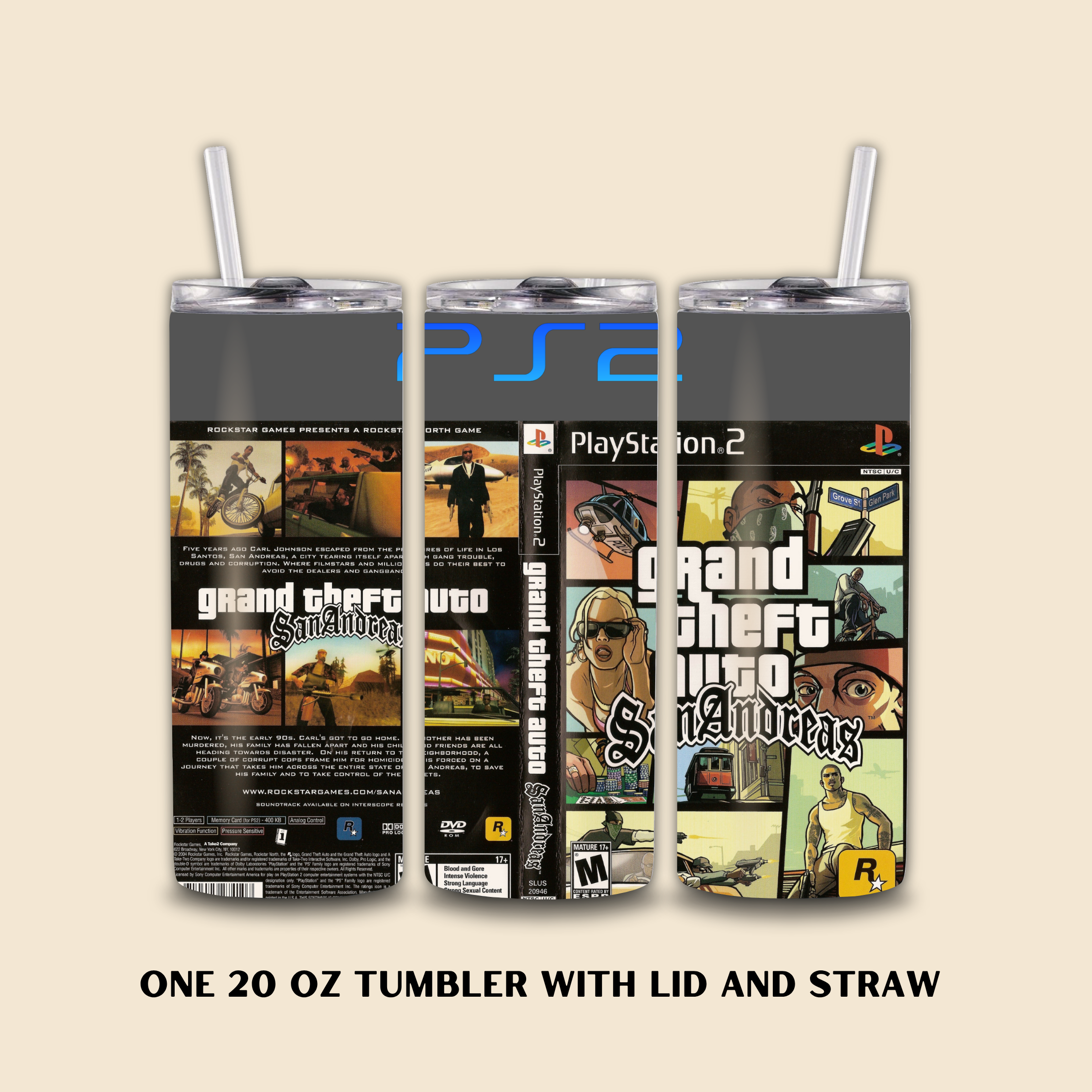 Three 20 oz tumblers with 'Grand Theft Auto' design on a beige background