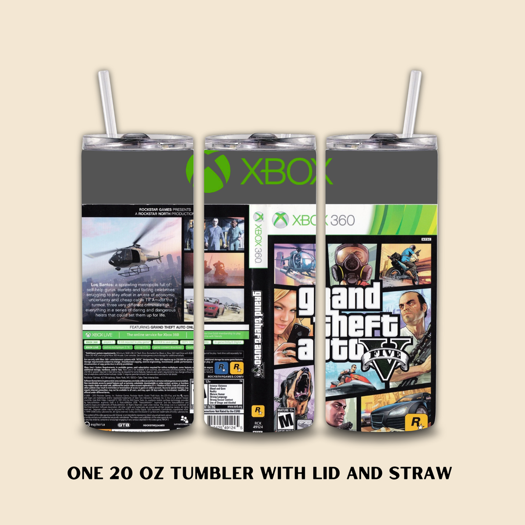 20oz Tumbler with Xbox and GTA V branding on a beige background