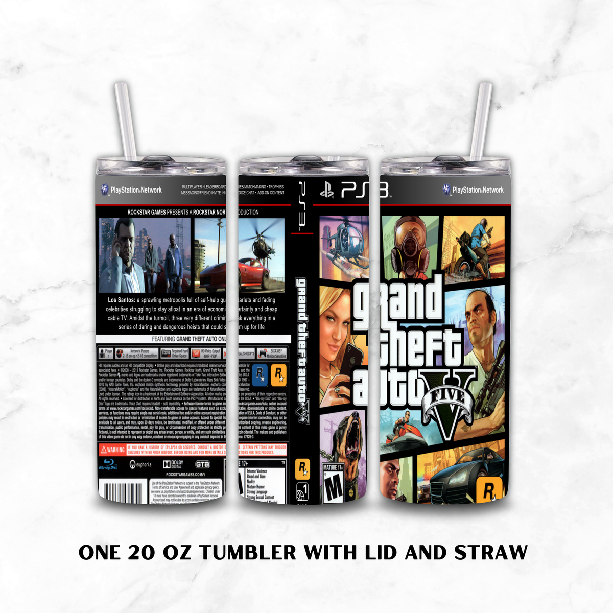 Three Viewed Tumbler of 20oz stainless steel ps3 tumbler featuring of gta V theme, on a white marble background.
