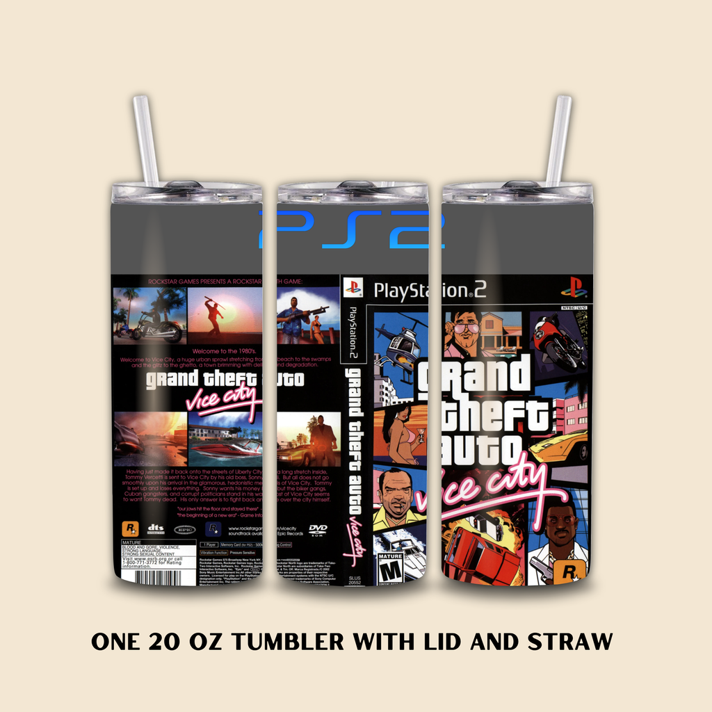 Three 20 oz tumblers with 'Grand Theft Auto Vice City' design on a beige background