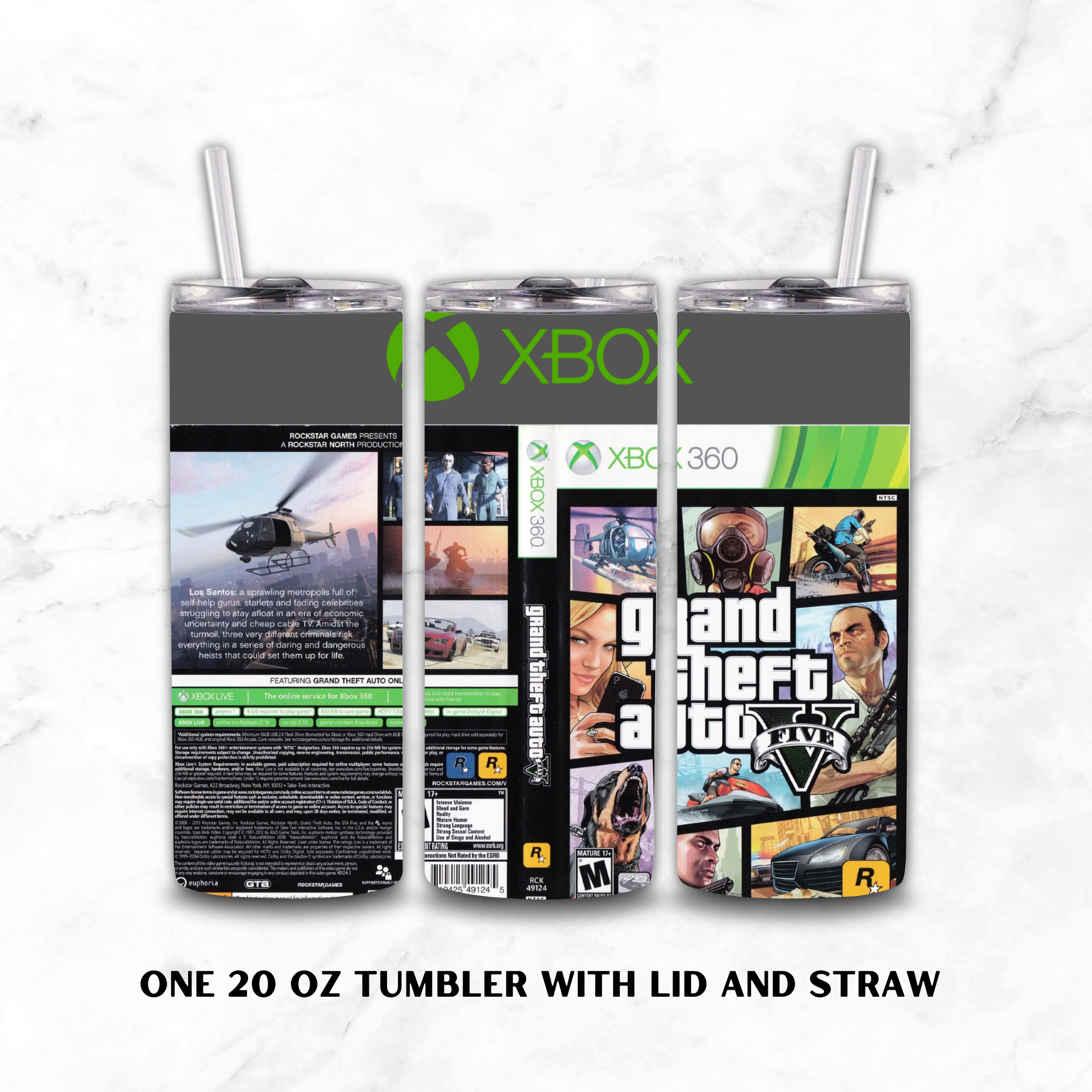 Three views of a 20 oz stainless steel tumbler with lid and straw, wrapped in a custom Xbox Grand Theft Auto V design, shown on a white marble background.