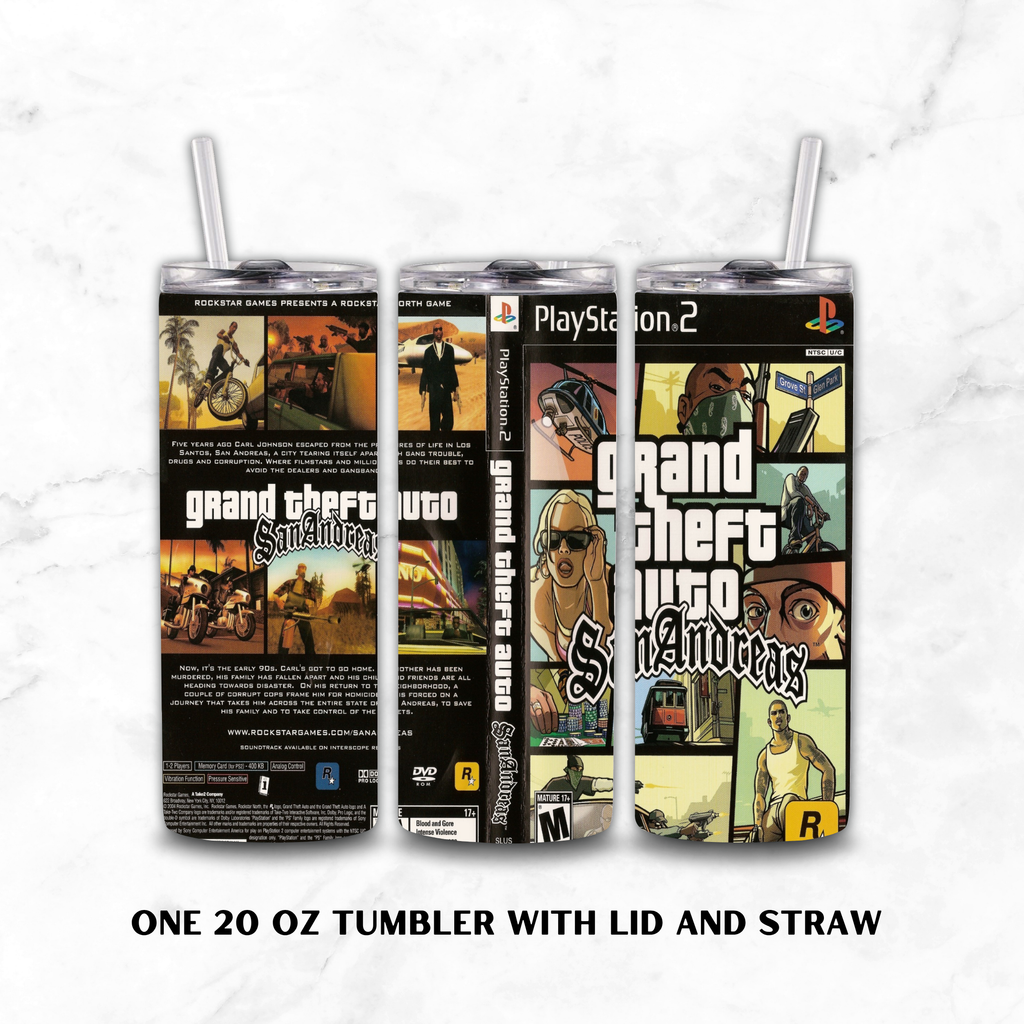 Three views of a 20 oz tumbler with lid and straw, wrapped in a Grand Theft Auto San Andreas / PlayStation 2 themed wrap design, shown on a white marble background with text reading 'ONE 20 OZ TUMBLER WITH LID AND STRAW'.