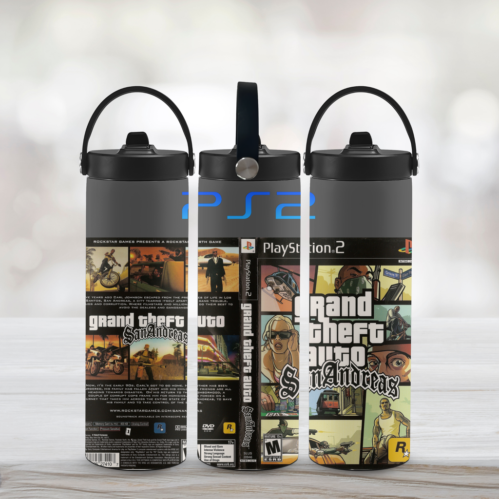 Three water bottles with Grand Theft Auto San Andreas design on a light background
