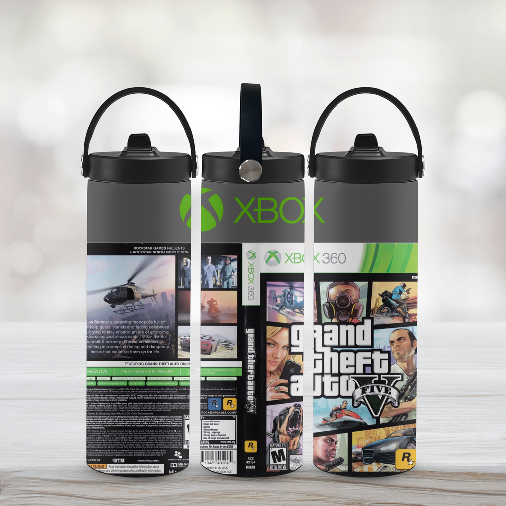 Three sports water bottles with Xbox and Grand Theft Auto V design on a light background