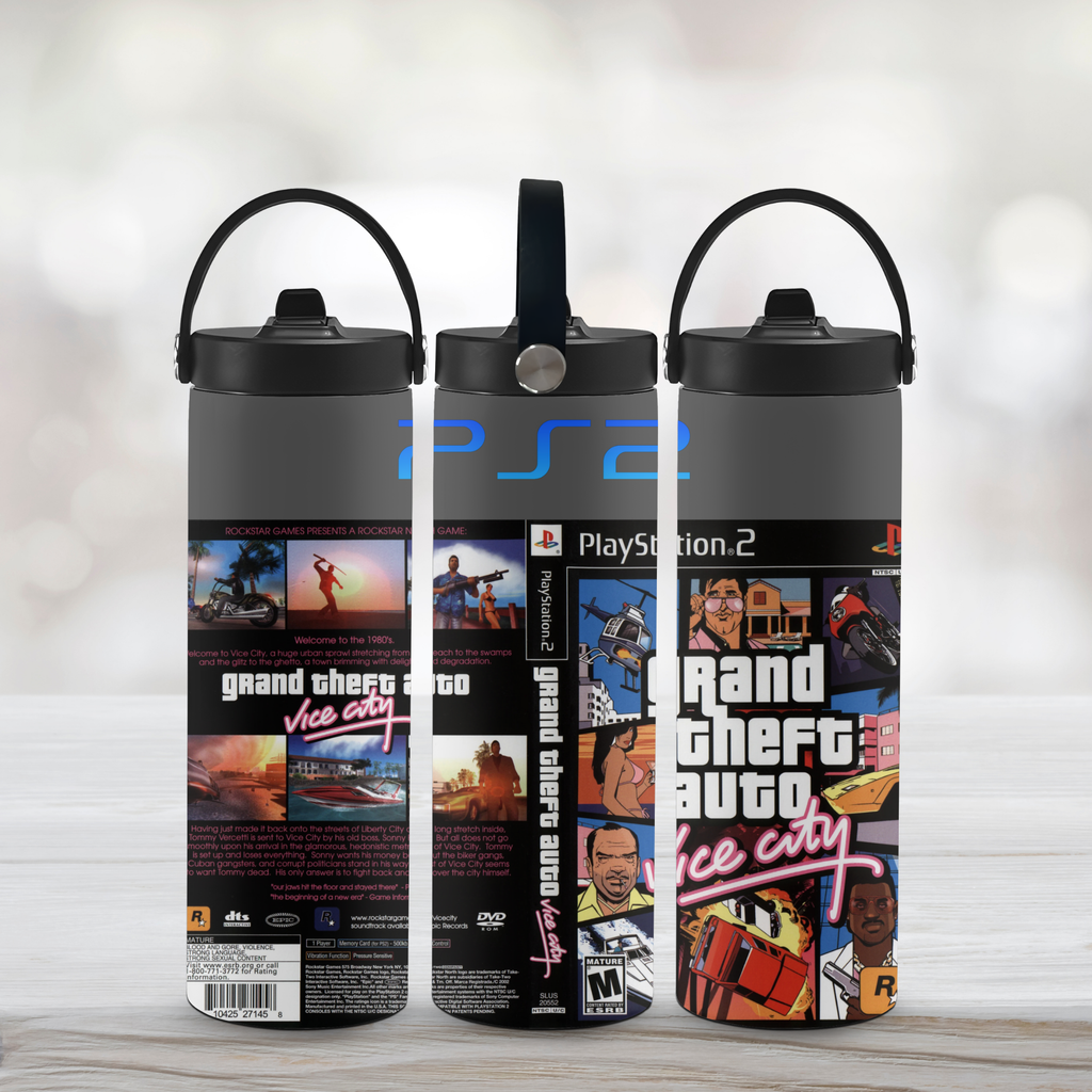Three Sports Water Bottle with 'Grand Theft Auto Vice City' and PlayStation 2 branding on a light background.