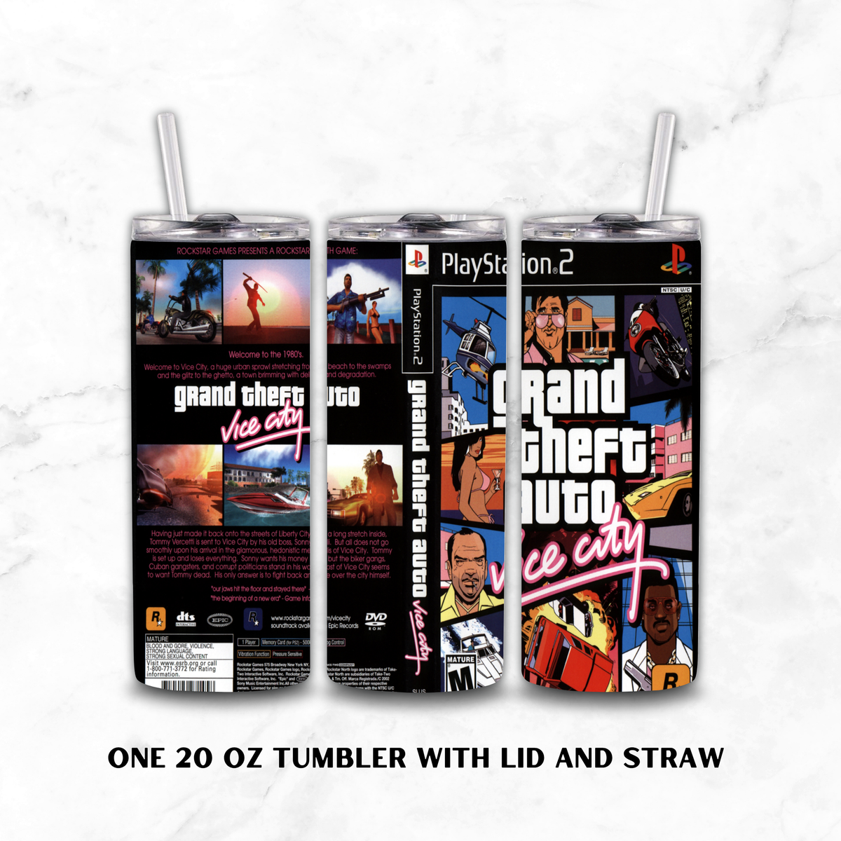 Three views of a 20 oz tumbler with lid and straw, printed with Grand Theft Auto: Vice City PlayStation 2 artwork, shown on a white marble background with text reading 'ONE 20 OZ TUMBLER WITH LID AND STRAW'.