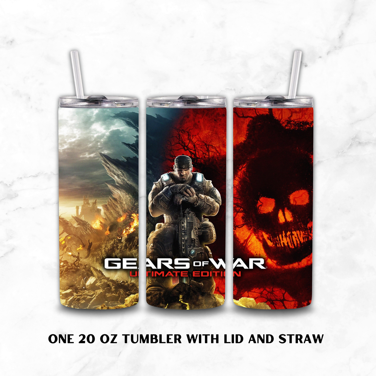 Three 20 oz tumblers with lids and clear straws, shown side by side on a white marble background. The tumblers feature Gears of War Ultimate Edition artwork: the left tumbler shows a war-torn landscape with the game title, the center tumbler shows a soldier, and the right tumbler shows a red skull graphic.