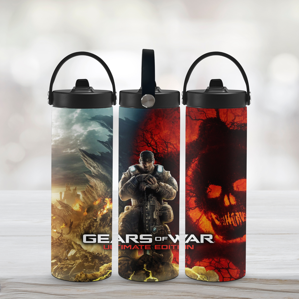 Three 'Gears of War' sports water bottles on a wooden surface with a white background.